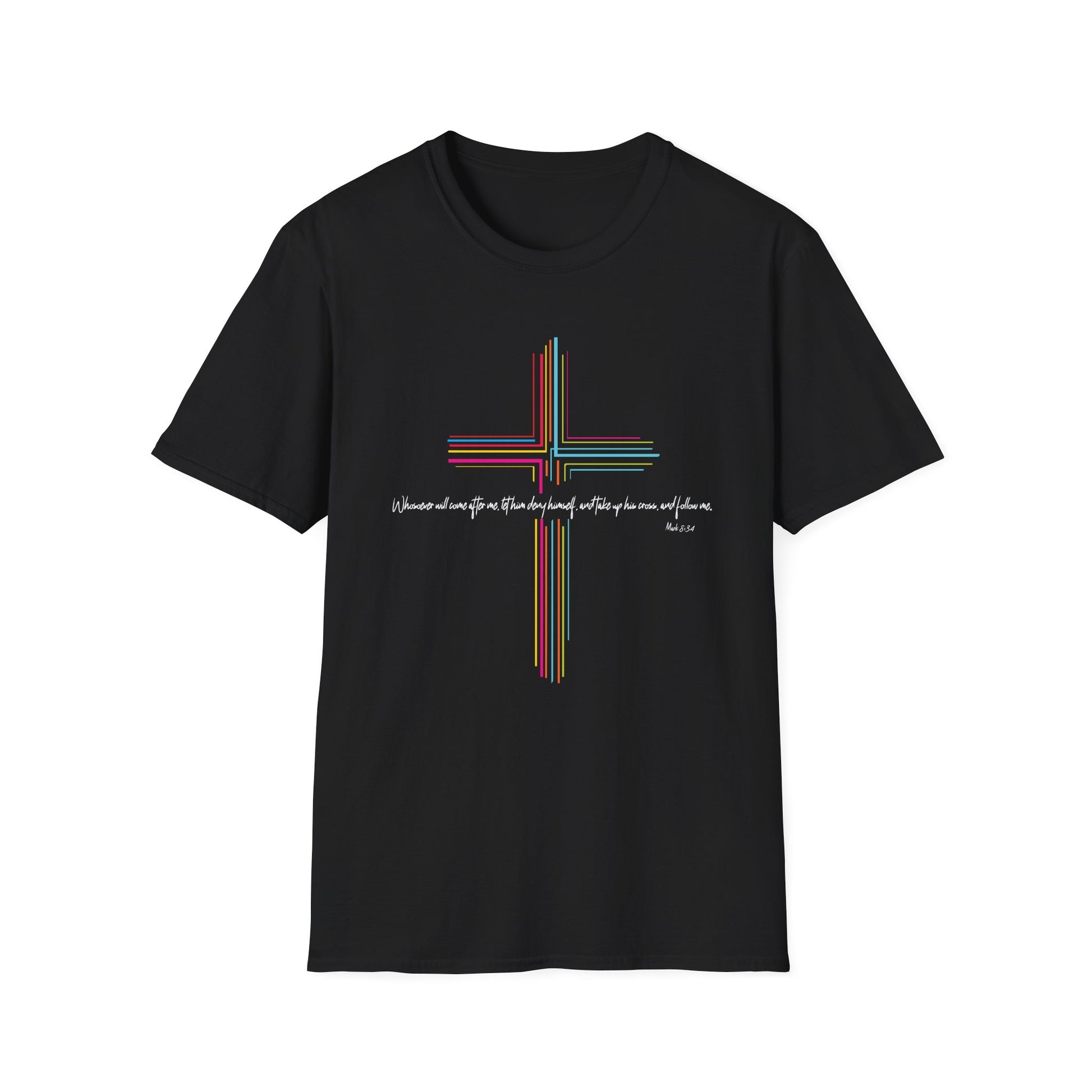 Inspirational Scripture Mark 8:34 Cross Unisex Softstyle T-Shirt Faith and Hope Design Faith Tee Gift For Her Him