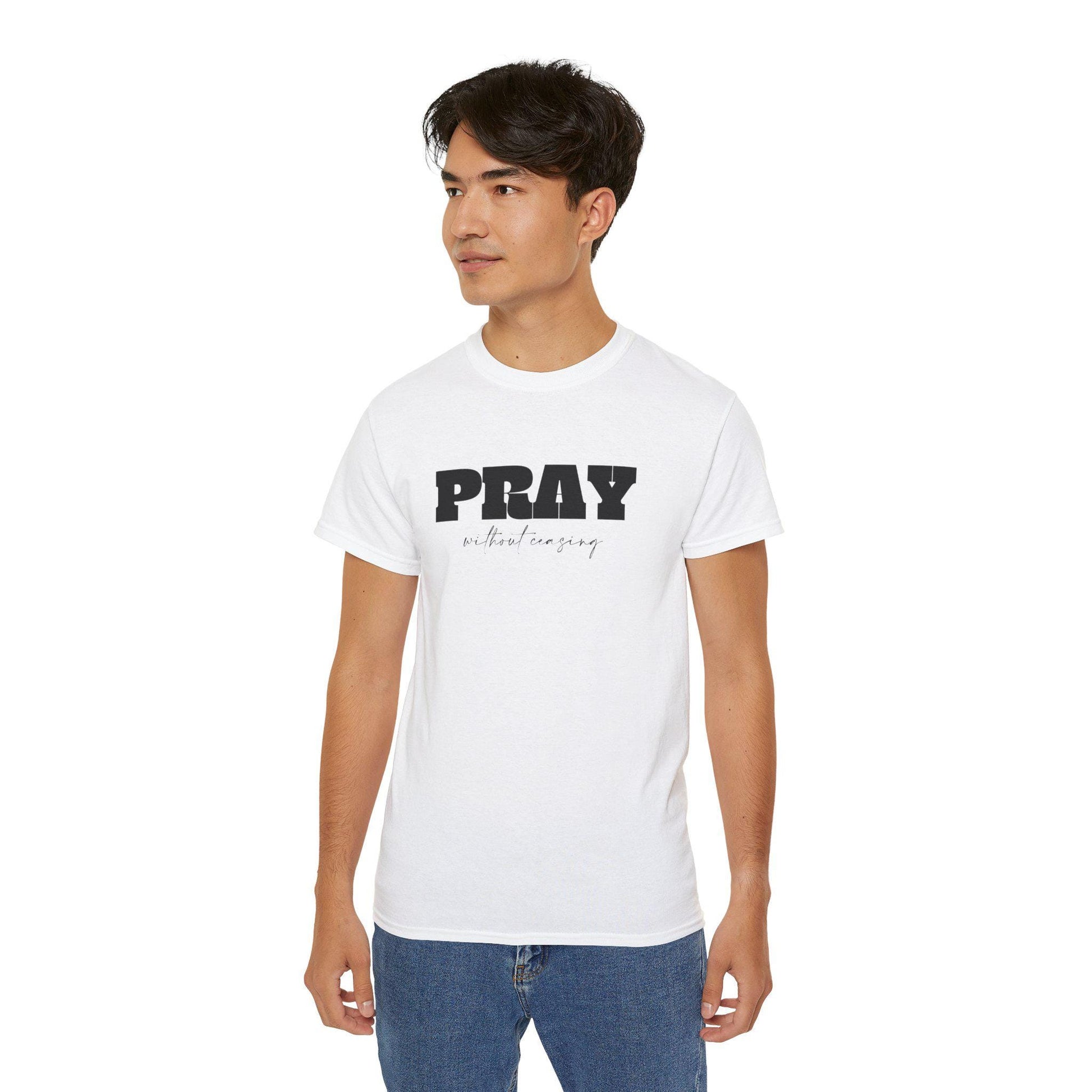Christian Unisex Tshirt For Christian Men Women Cotton Tee Bible Verse Pray Without Ceasing Graphic Tee Apparel