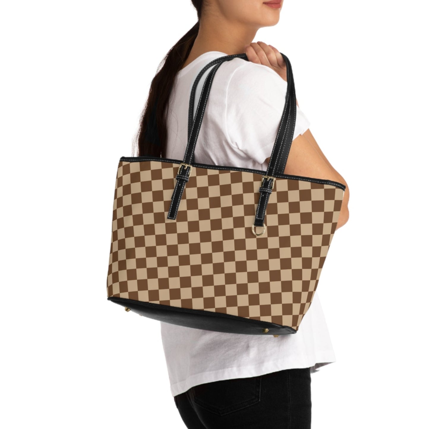 Brown Checkered PU Leather Shoulder Bag Checkered Purse Trendy Handbag Waterproof PU Leather Handbag Shoulder bag