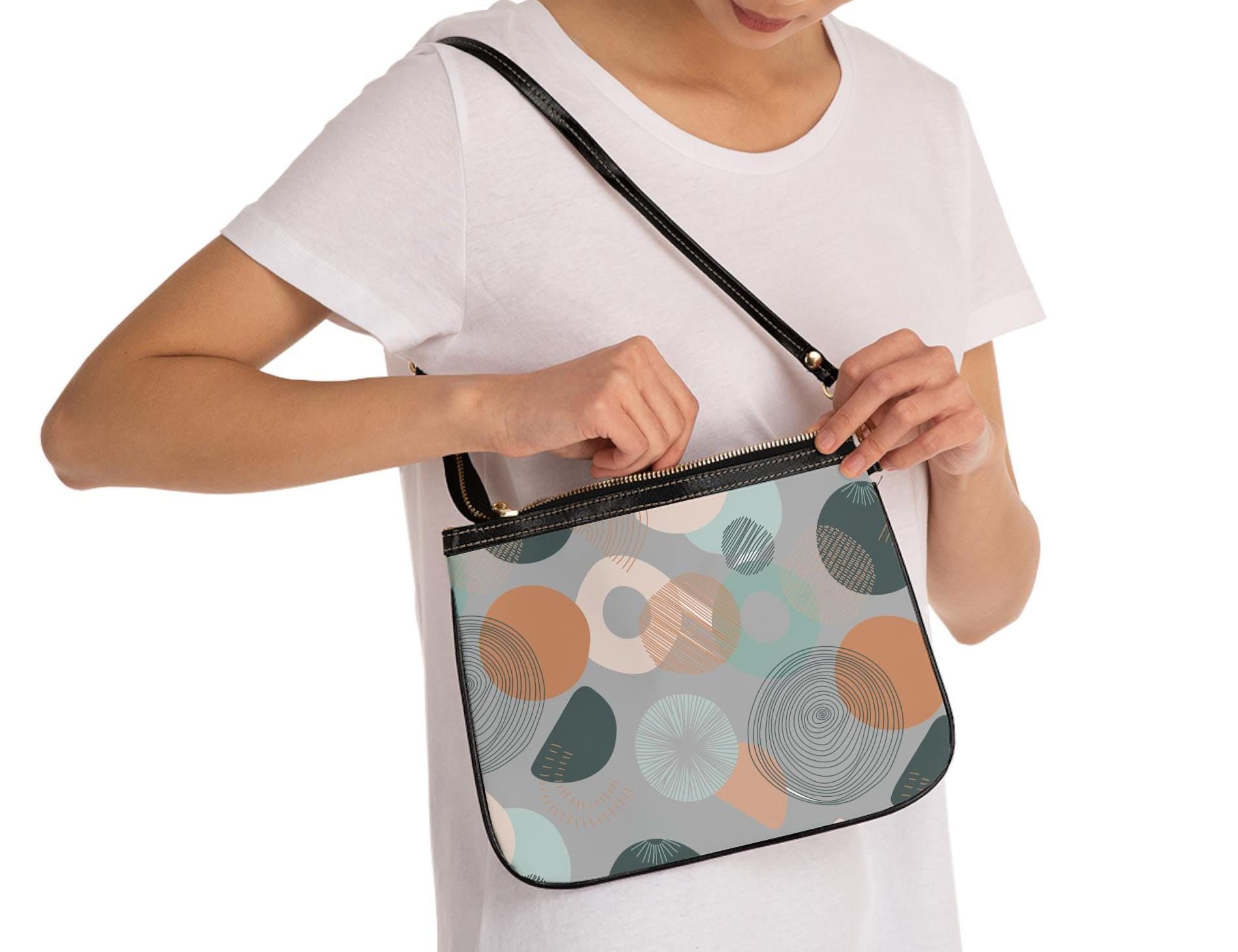 Grey Circle Graphic Small Shoulder Bag Small Shoulder Bag PU Leather Shoulder Bag Circle Pattern Purse Trendy Handbag PU Leather Handbag - A Kingdom Lifestyle