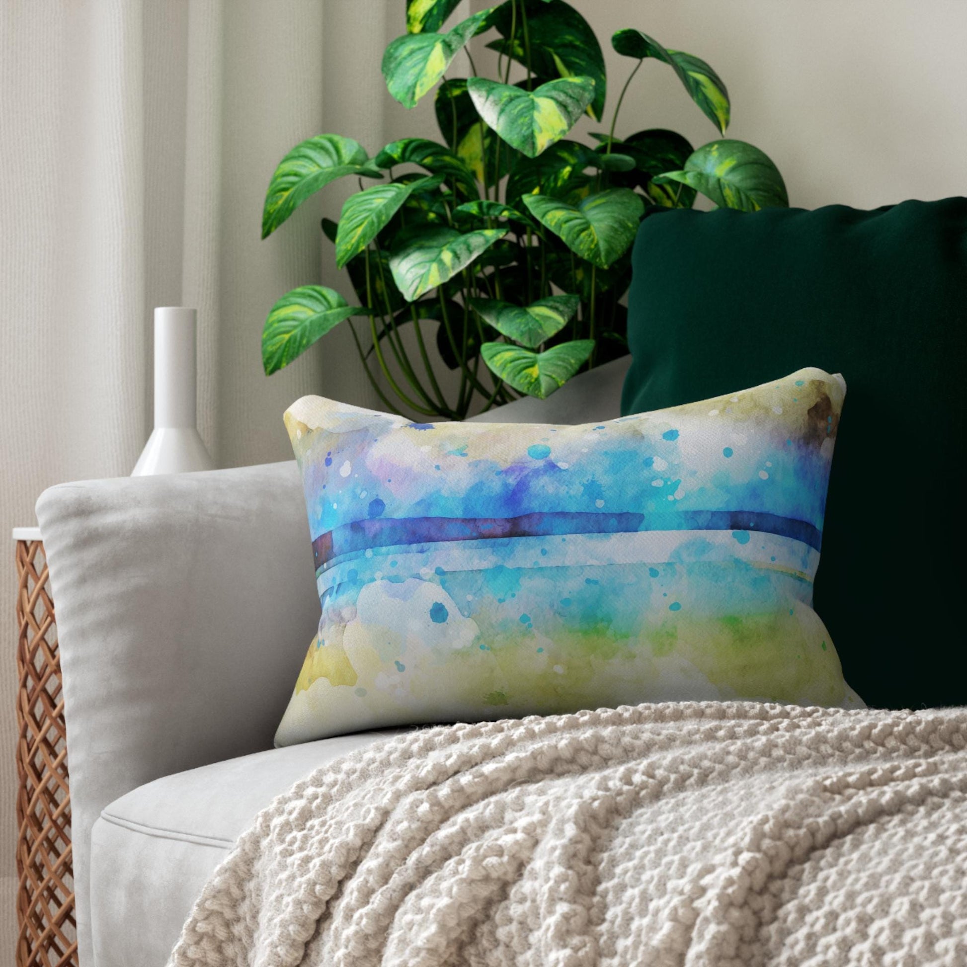 Watercolor Beach Lumbar Pillow, Coastal Decor, Throw Pillow for Living Room, Beach House Gift, Ocean Vibes - A Kingdom Lifestyle