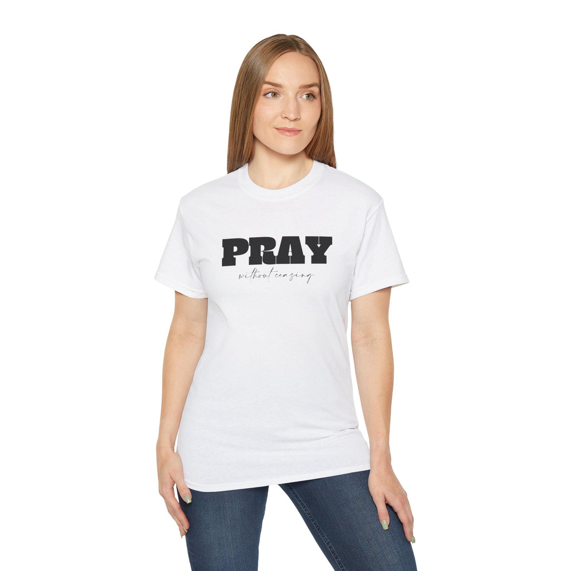 Christian Unisex Tshirt For Christian Men Women Cotton Tee Bible Verse Pray Without Ceasing Graphic Tee Apparel