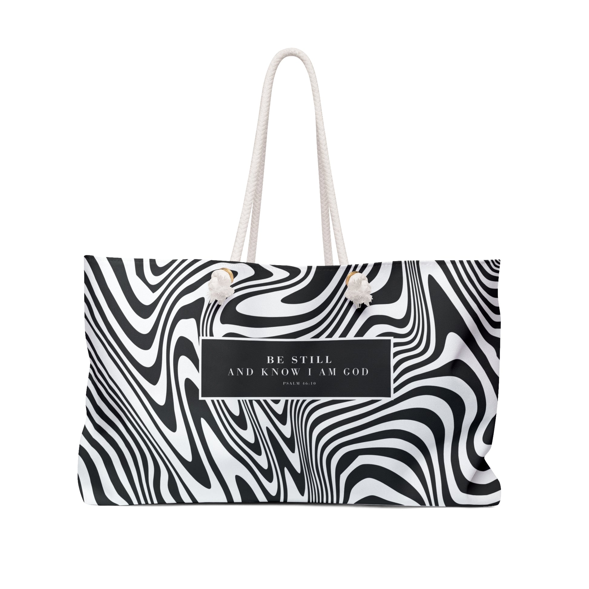 Bold Black and White Zebra Print Scripture Weekender Bag, Stylish Weekender Tote Bag, Modern Graphic Design Weekender Tote, Beach Bag, Purse