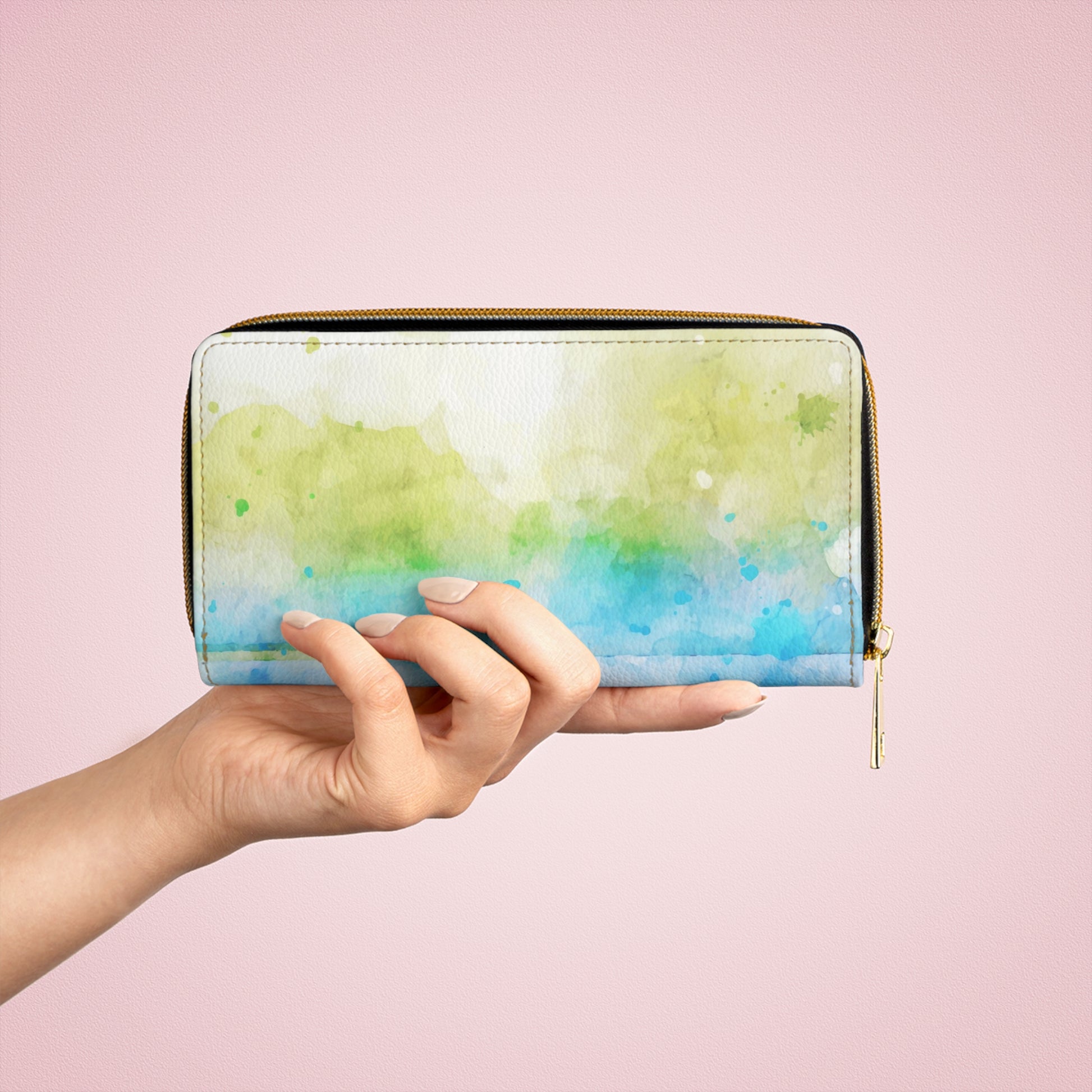 Blue Colorful Watercolor Print Zipper Wallet, Eco-Friendly Wallet, Gift for Her, Travel Accessory, Colorful Coin Purse, Stylish Clutch