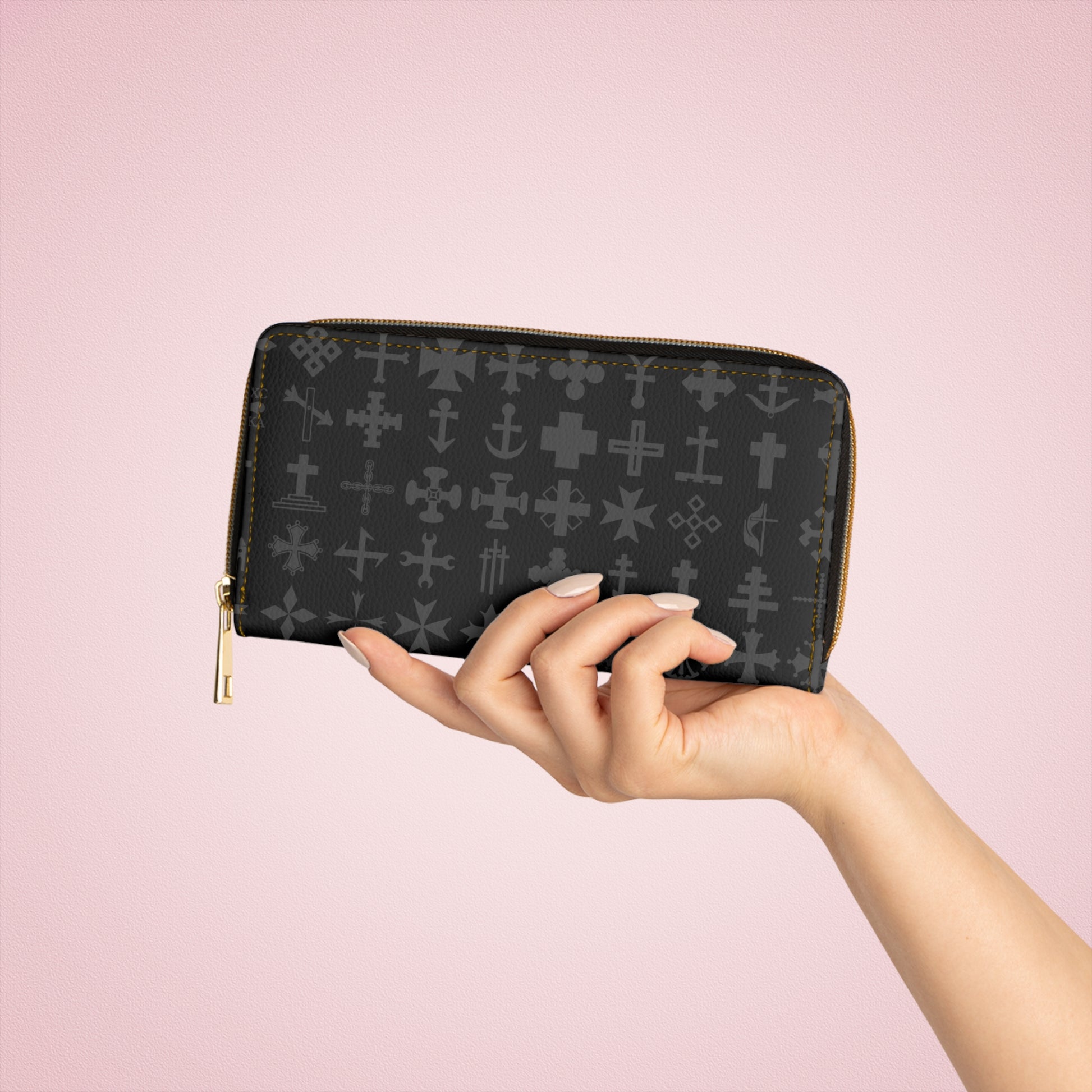 Sleek Black Cross Geometric Zipper Wallet, Stylish Women's Wallet, Everyday Use Purse, Modern Accessory for Travel, Gift for Her