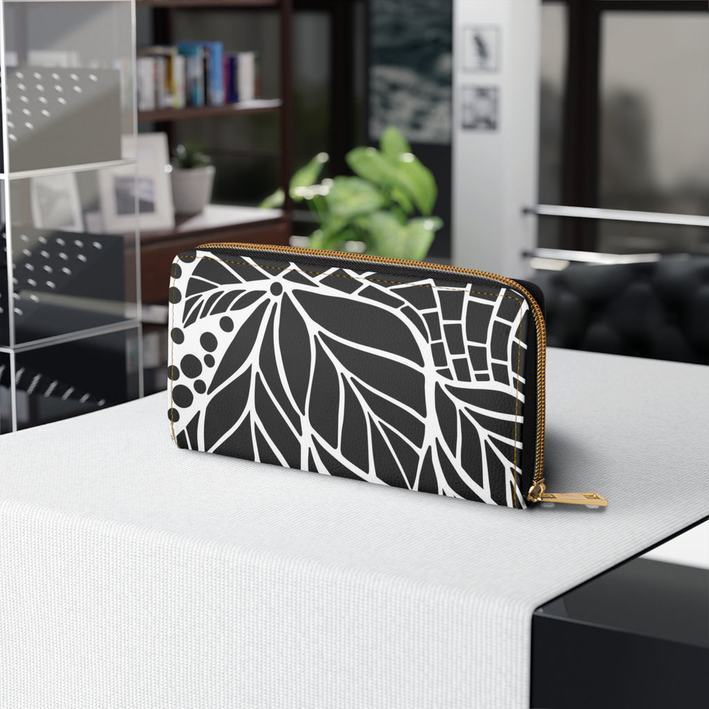 Chic Black & White Leaf Zipper Wallet, Stylish Clutch, Everyday Organizer, Gift for Her, Floral Fashion Accessory