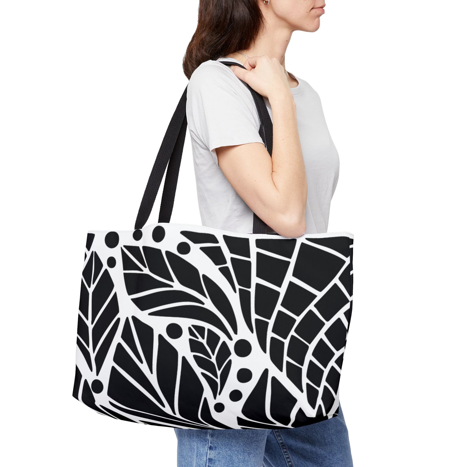Elegant Black and White Leaf Pattern Weekender Tote Bag | Travel, Beach, Stylish, Gift for Her, Eco-Friendly, Large Capacity
