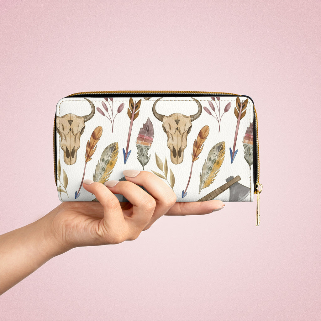 Country Western Zipper Wallet, Cow Skull Print Purse, Rustic Leather Clutch, Gift for Her, Travel Organizer, Festival Accessory