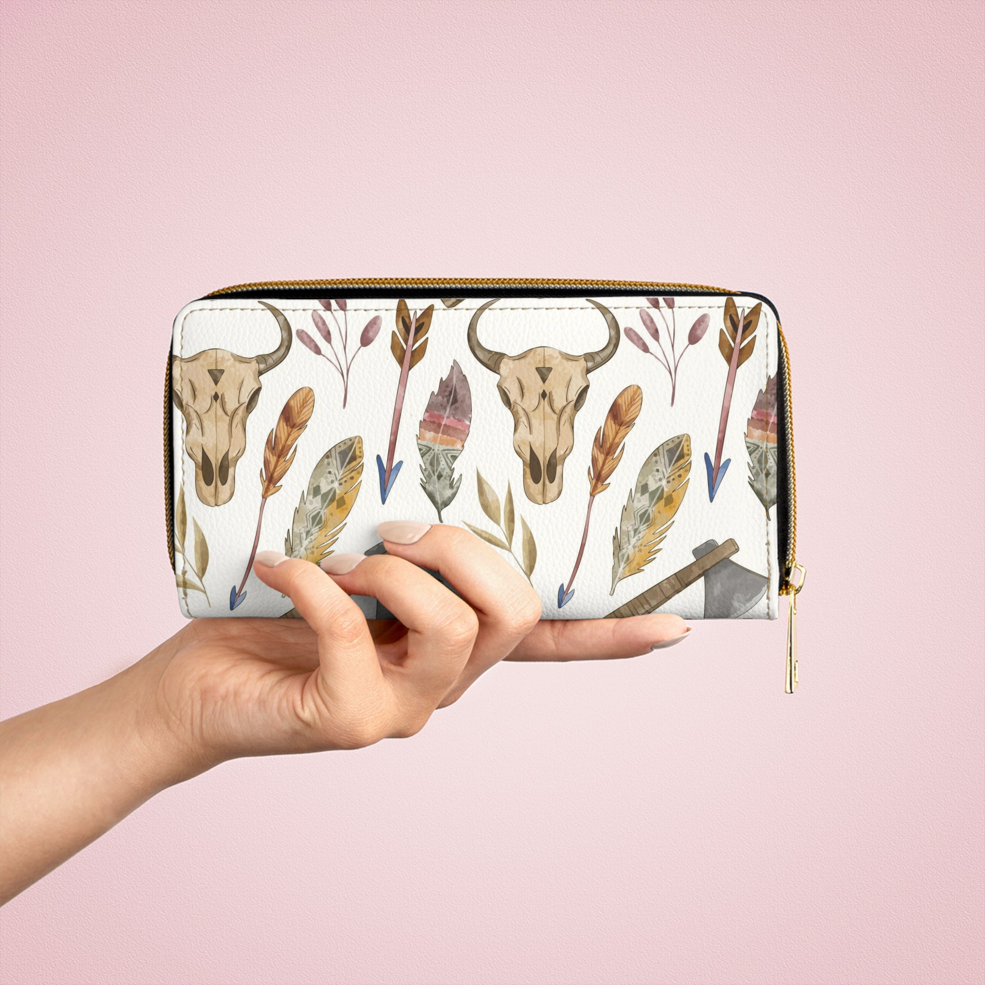 Country Western Zipper Wallet, Cow Skull Print Purse, Rustic Leather Clutch, Gift for Her, Travel Organizer, Festival Accessory