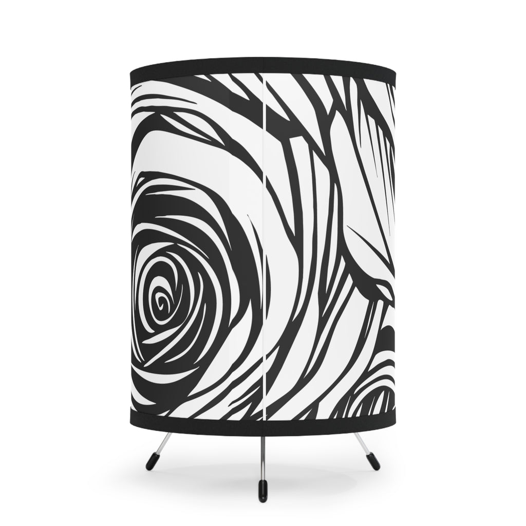 Modern Black and White Rose Pattern Tripod Floor Lamp with High-Res Artistic Shade Black and white floor lamp, rose pattern lamp, tripod lamp, artistic shade lighting, modern home decor, elegant floor lamp, statement lighting.