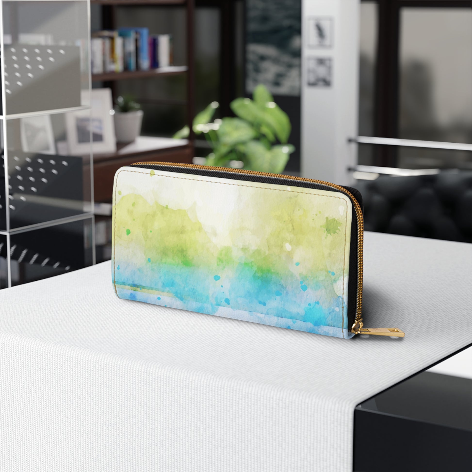 Blue Colorful Watercolor Print Zipper Wallet, Eco-Friendly Wallet, Gift for Her, Travel Accessory, Colorful Coin Purse, Stylish Clutch