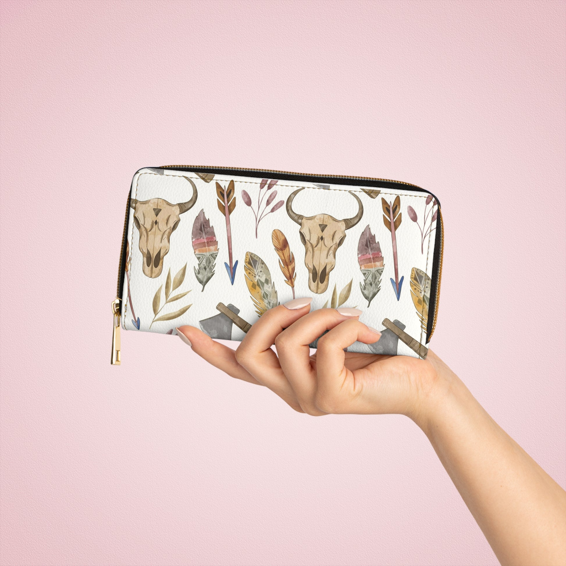 Country Western Zipper Wallet, Cow Skull Print Purse, Rustic Leather Clutch, Gift for Her, Travel Organizer, Festival Accessory