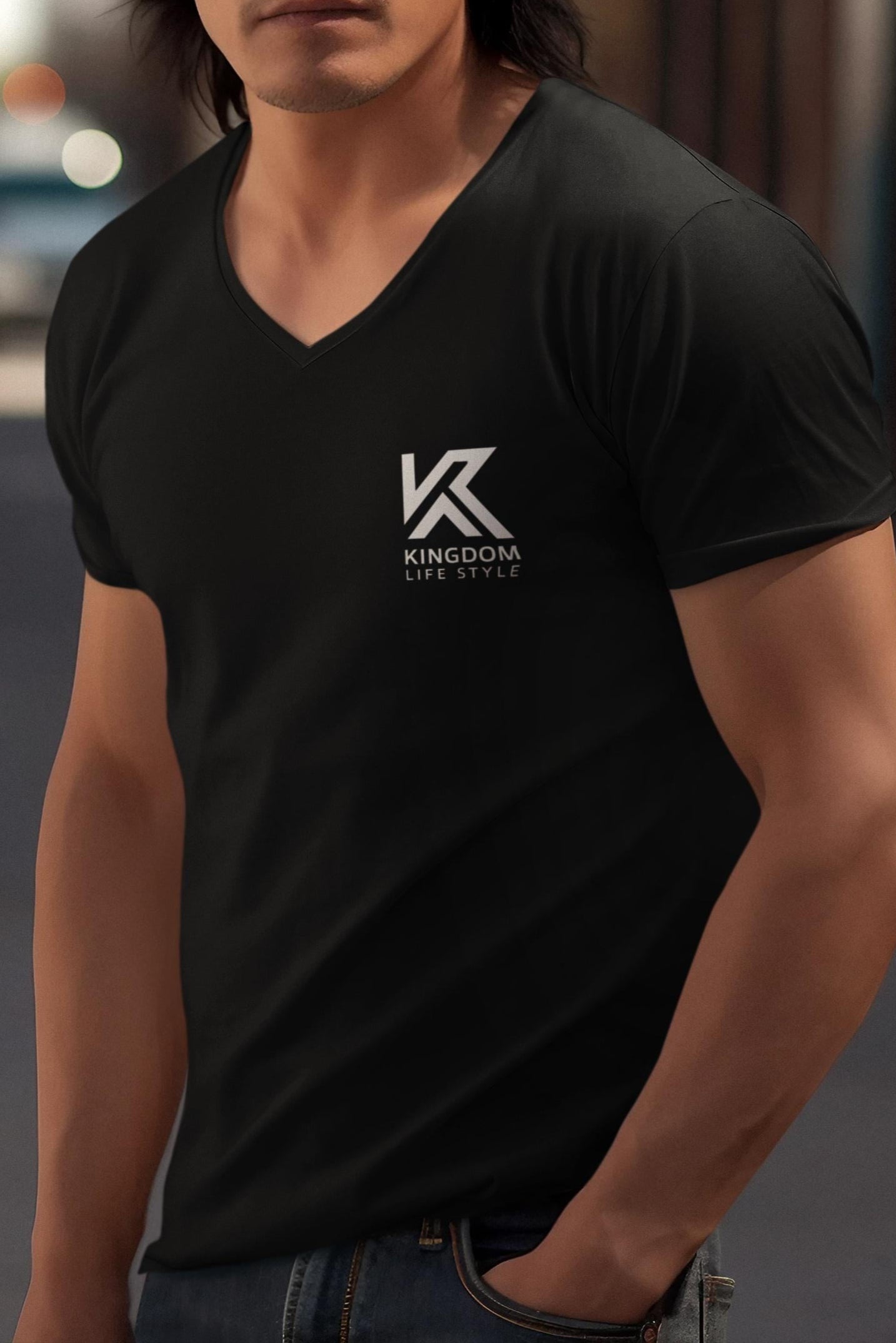 V Neck T-Shirt Graphic For Christian Men Kingdom Lifestyle Logo For Fitted Jesus Tee V Neck Short Sleeve Tee Christian Apparel Clothing