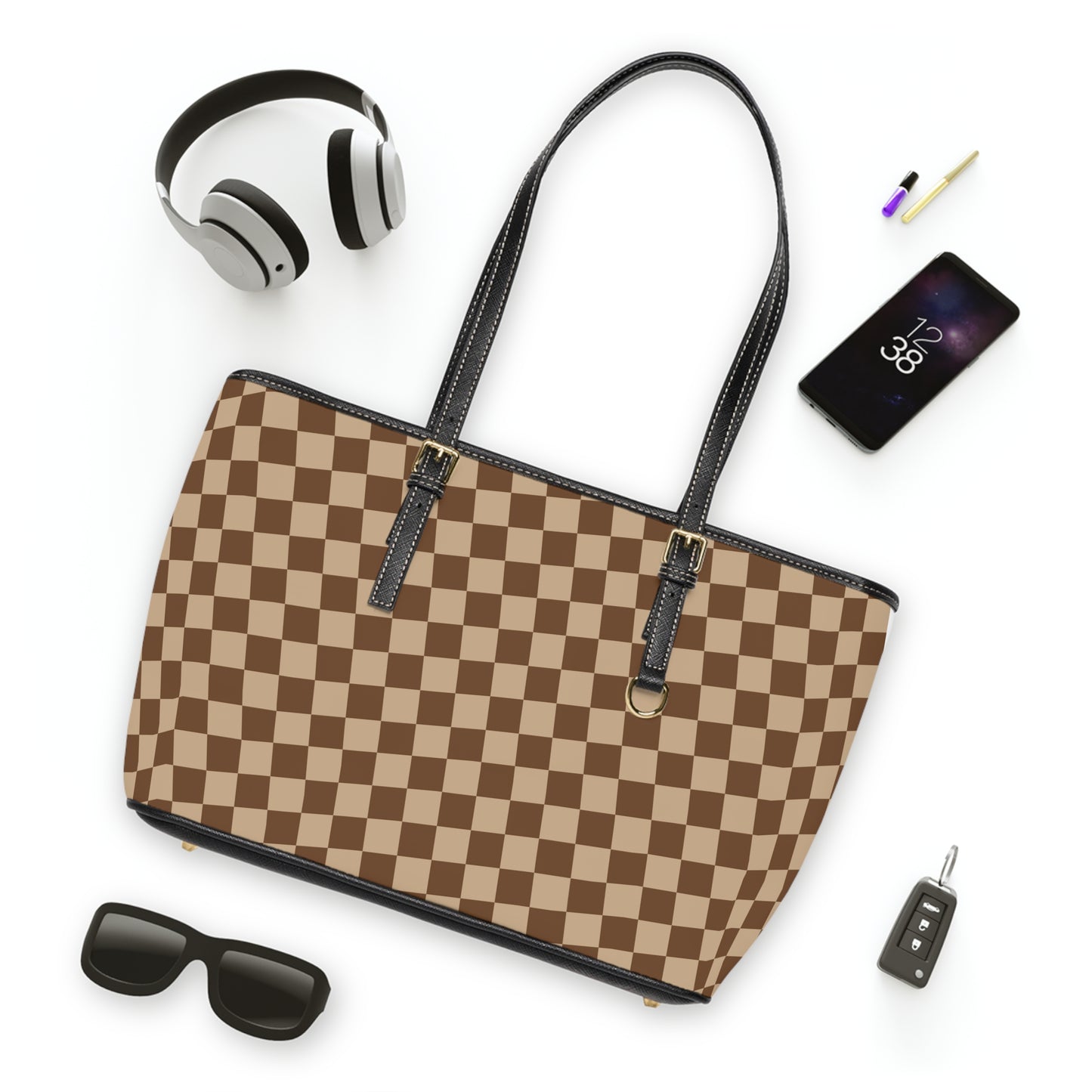 Brown Checkered  PU Leather Shoulder Bag Checkered Purse Trendy Handbag Waterproof PU Leather Handbag Shoulder bag