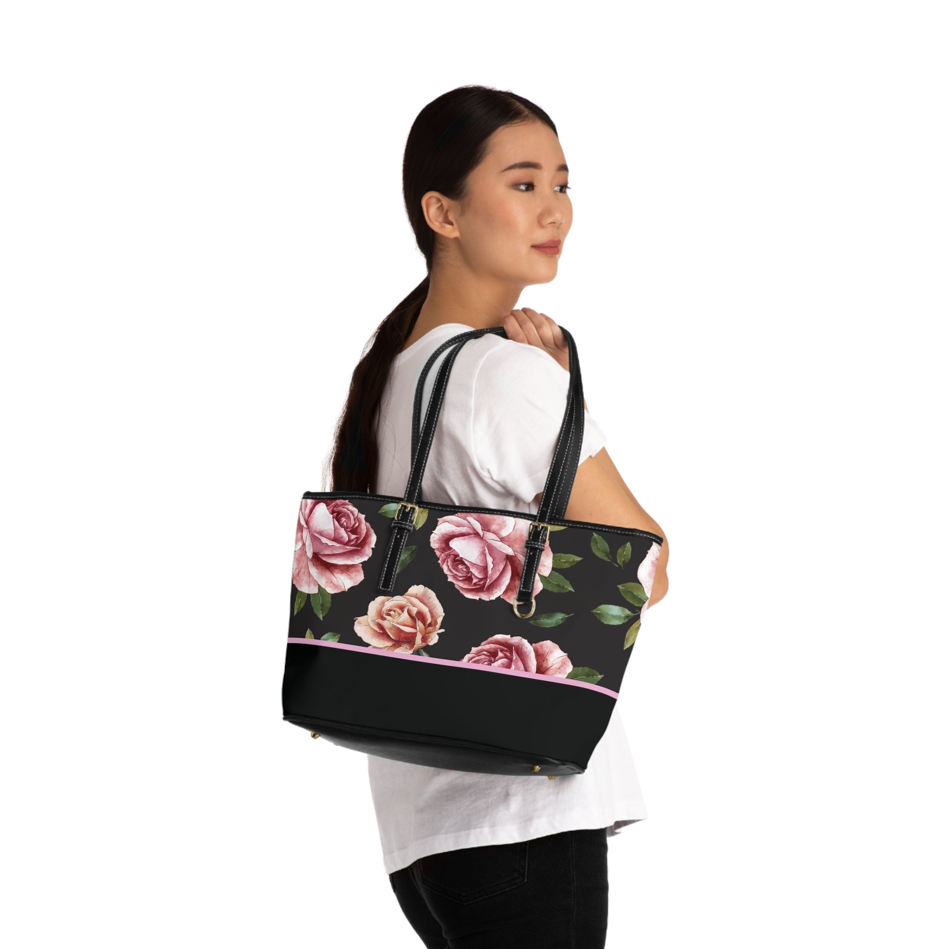 Luxury Rose Print PU Leather Tote Bag, Stylish Handbag, Chic Accessory, Everyday Use, Great for Gifts, Summer Outings, Fashionable