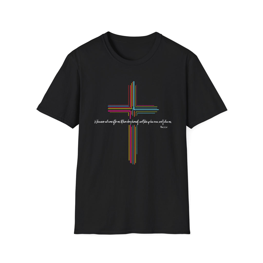 Inspirational Scripture Mark 8:34 Cross Unisex Softstyle T-Shirt Faith and Hope Design Faith Tee Gift For Her Him