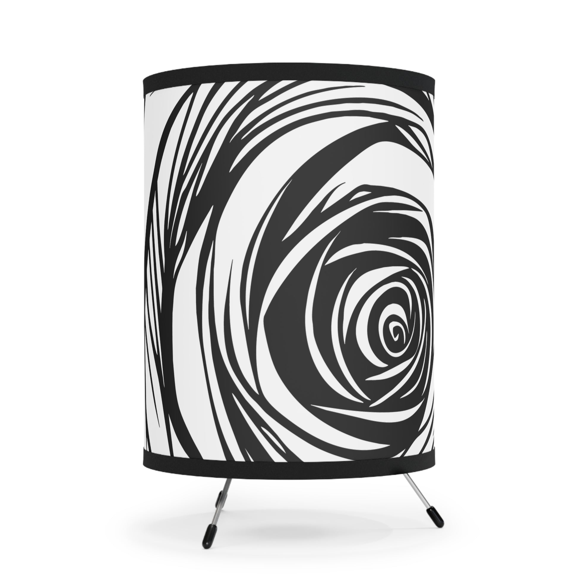 Modern Black and White Rose Pattern Tripod Floor Lamp with High-Res Artistic Shade Black and white floor lamp, rose pattern lamp, tripod lamp, artistic shade lighting, modern home decor, elegant floor lamp, statement lighting.