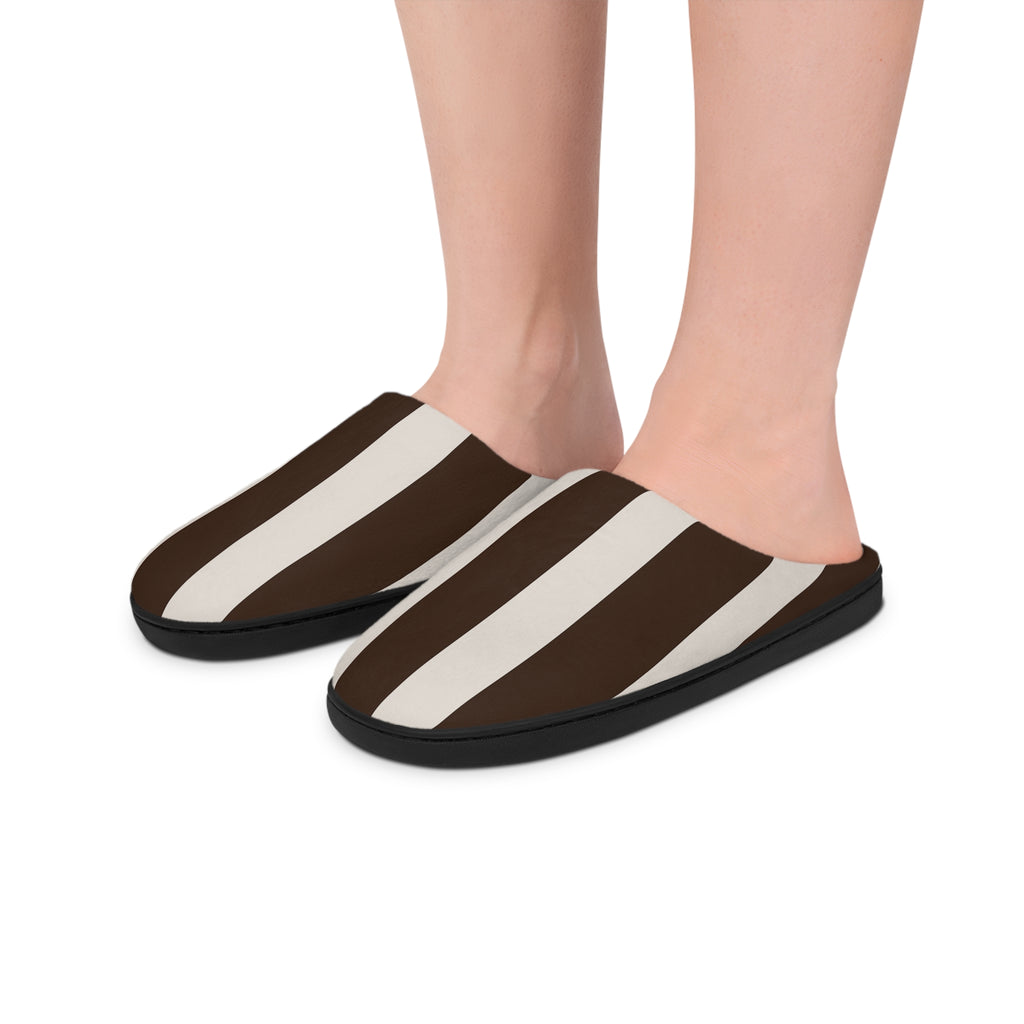 Cozy Women's Indoor Slippers - Stylish Brown Striped Design , soft plush slippers, fashionable loungewear, warm winter footwear