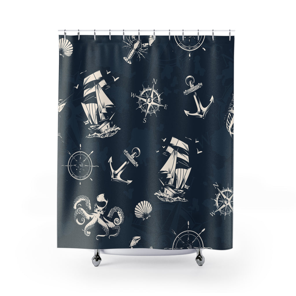 Nautical Adventure Shower Curtain - Maritime Design with Ships & Compass