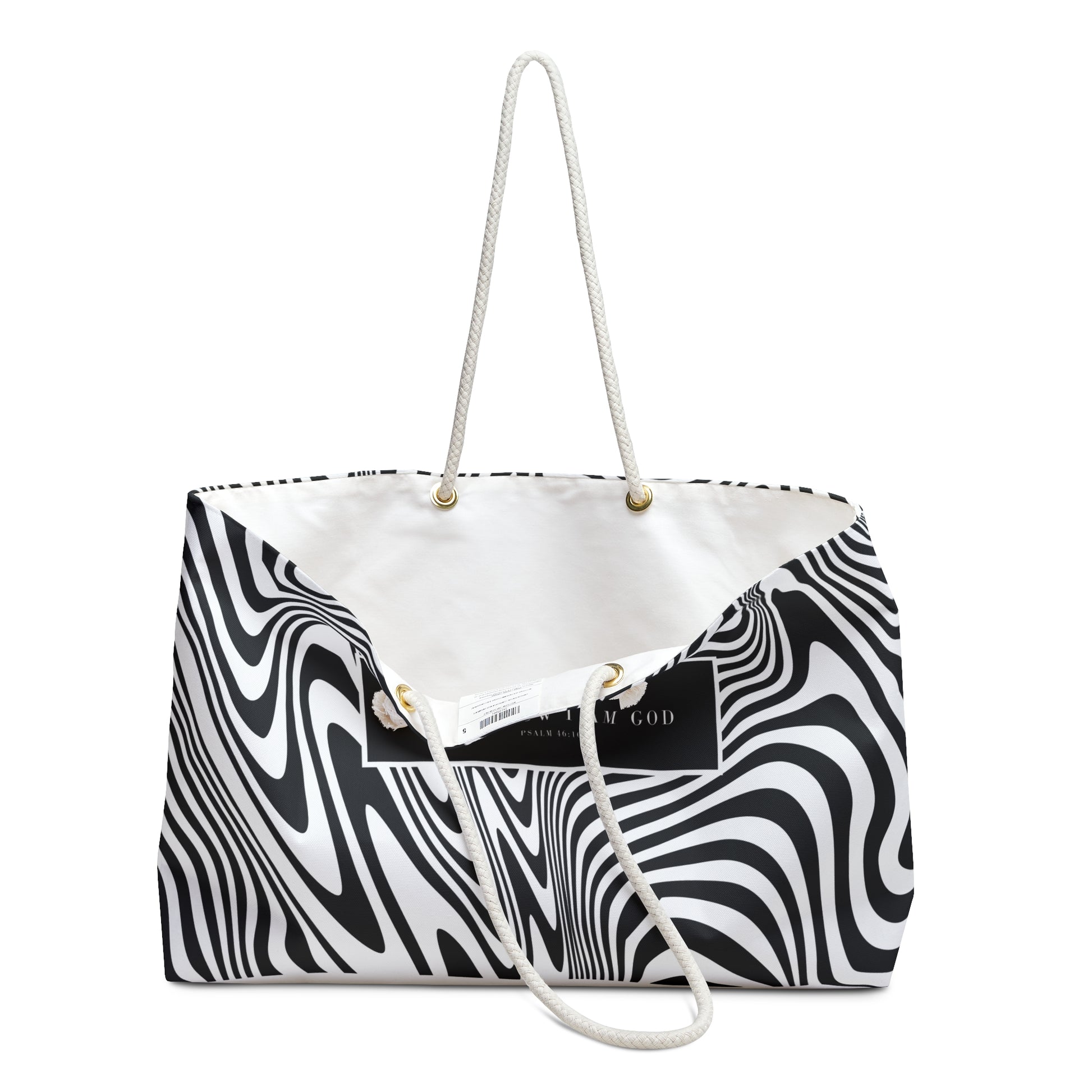 Bold Black and White Zebra Print Scripture Weekender Bag, Stylish Weekender Tote Bag, Modern Graphic Design Weekender Tote, Beach Bag, Purse