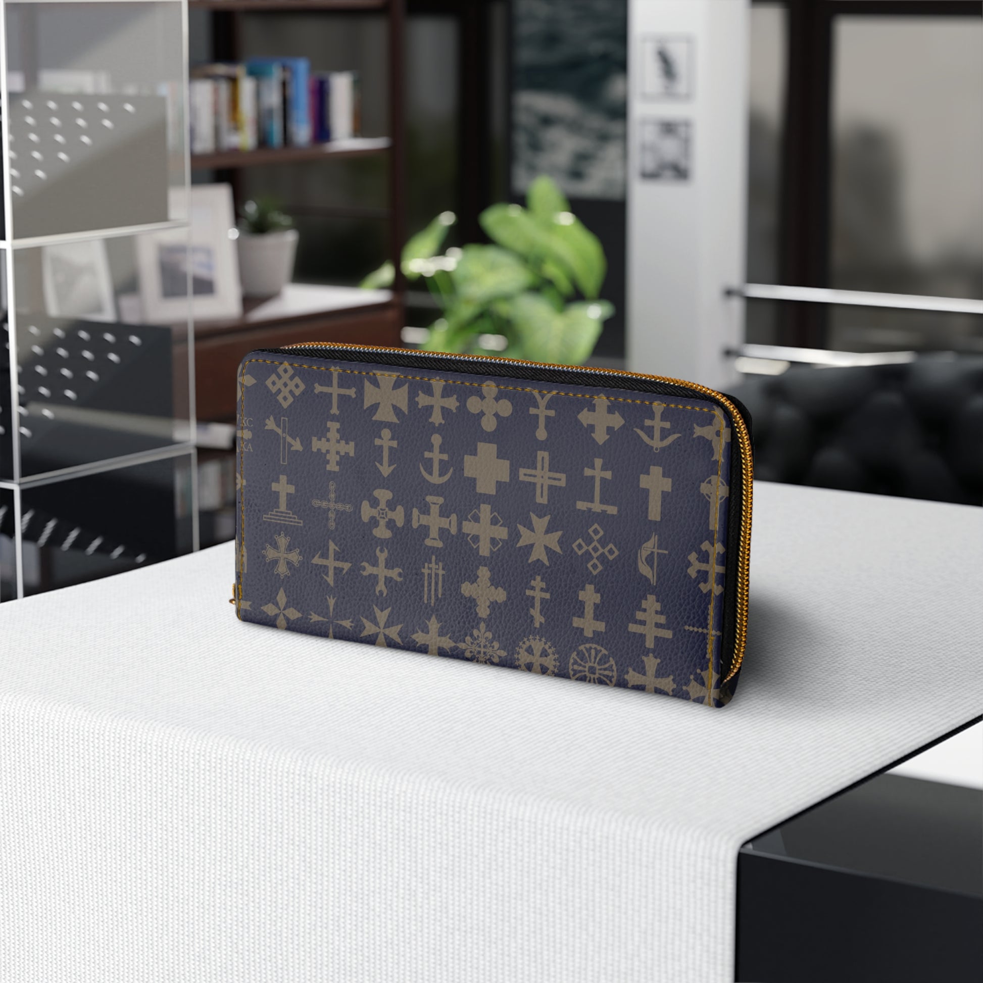 Stylish Navy Blue Cross Zipper Wallet | Elegant Cross Pattern Organizer, Travel Accessory, Gift for Her Fashionable Purse Holiday Essential