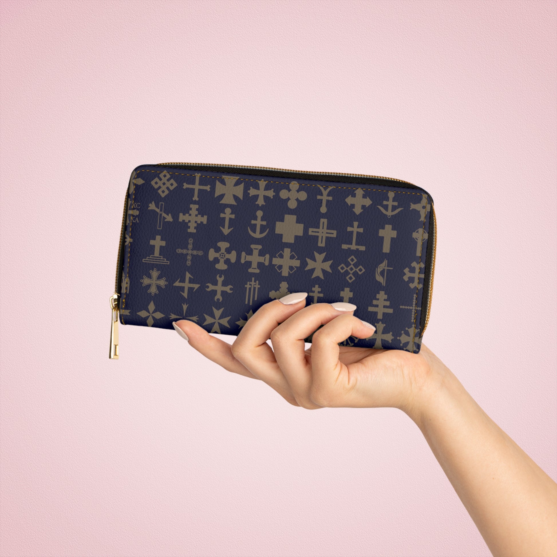 Stylish Navy Blue Cross Zipper Wallet | Elegant Cross Pattern Organizer, Travel Accessory, Gift for Her Fashionable Purse Holiday Essential