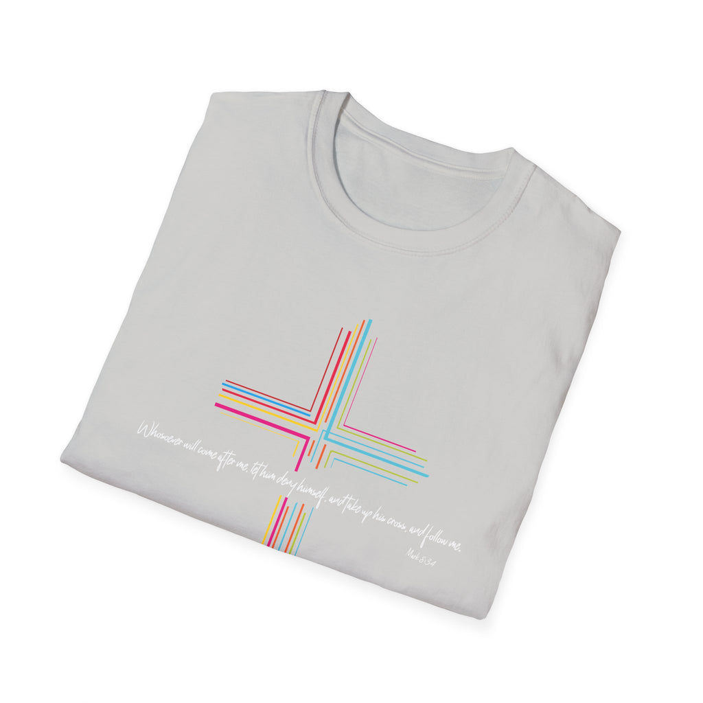 Inspirational Scripture Mark 8:34 Cross Unisex Softstyle T-Shirt Faith and Hope Design Faith Tee Gift For Her Him