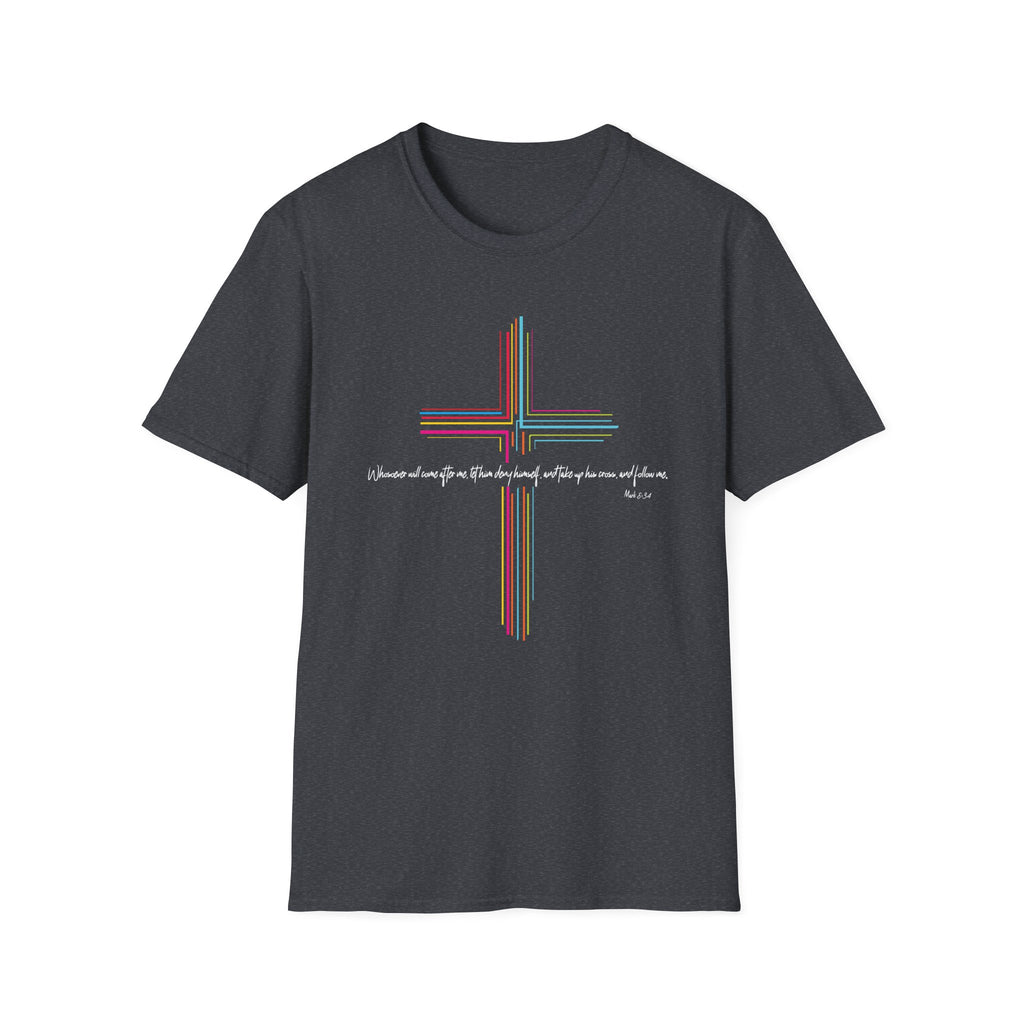 Inspirational Scripture Mark 8:34 Cross Unisex Softstyle T-Shirt Faith and Hope Design Faith Tee Gift For Her Him