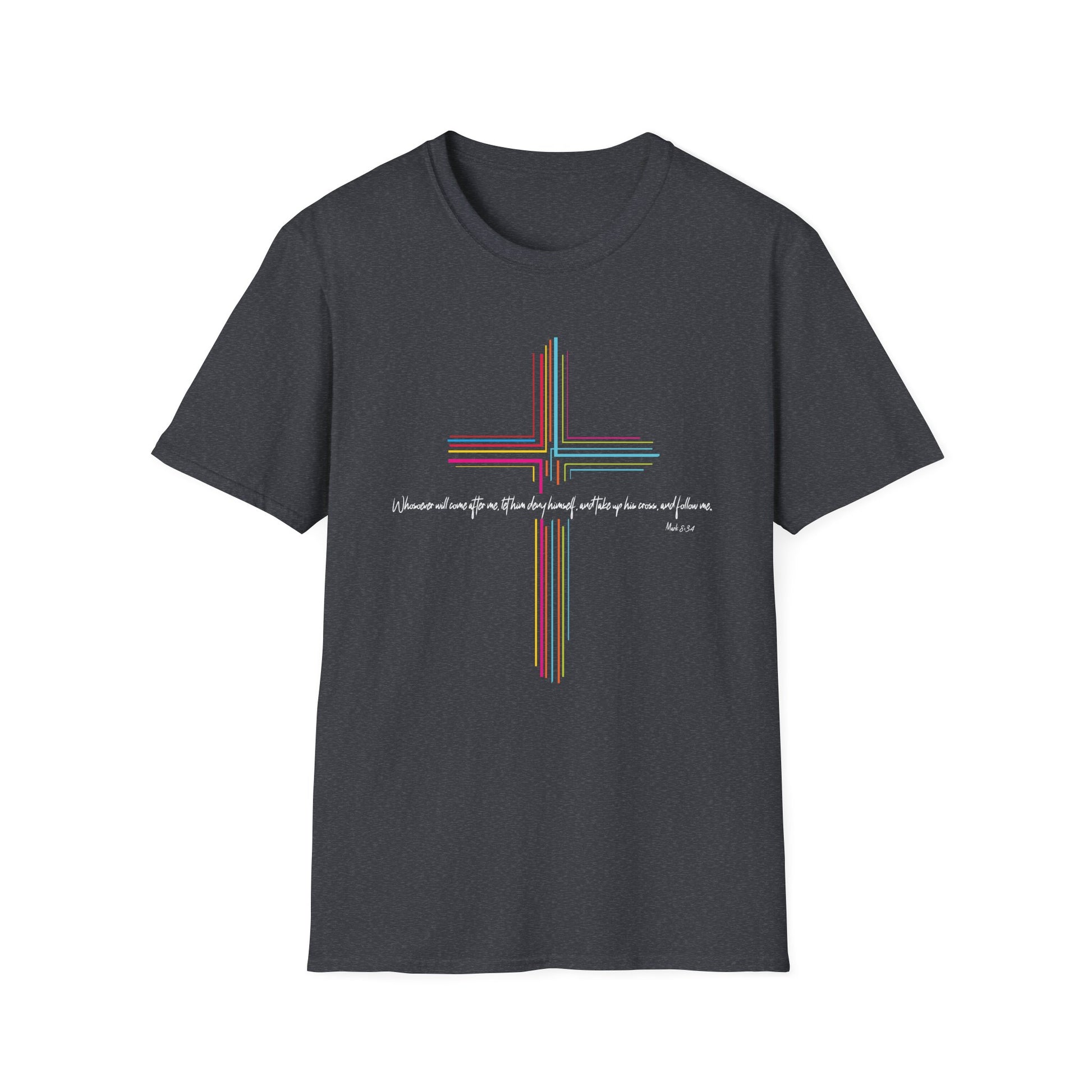 Inspirational Scripture Mark 8:34 Cross Unisex Softstyle T-Shirt Faith and Hope Design Faith Tee Gift For Her Him