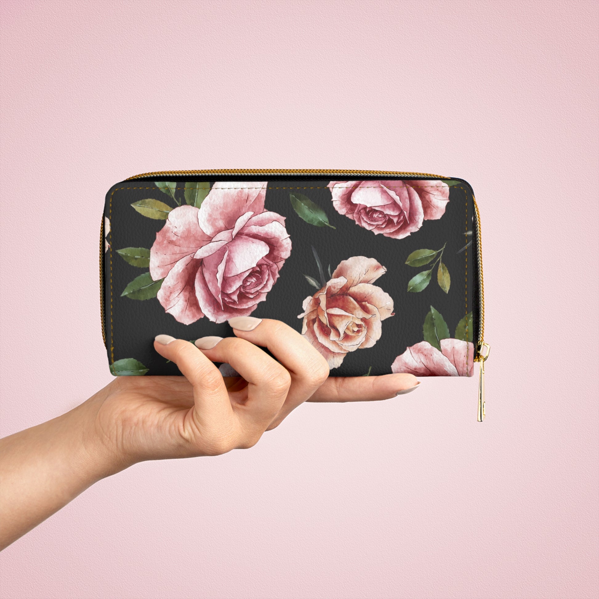 Black Rose Floral Zipper Wallet - Elegant Rose Design, Perfect for Women, Gift for Her, Stylish Accessory, Everyday Use Travel Wallet