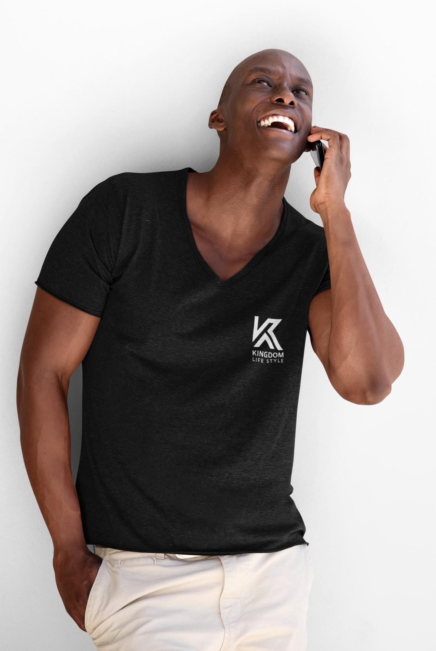 V Neck T-Shirt Graphic For Christian Men Kingdom Lifestyle Logo For Fitted Jesus Tee V Neck Short Sleeve Tee Christian Apparel Clothing