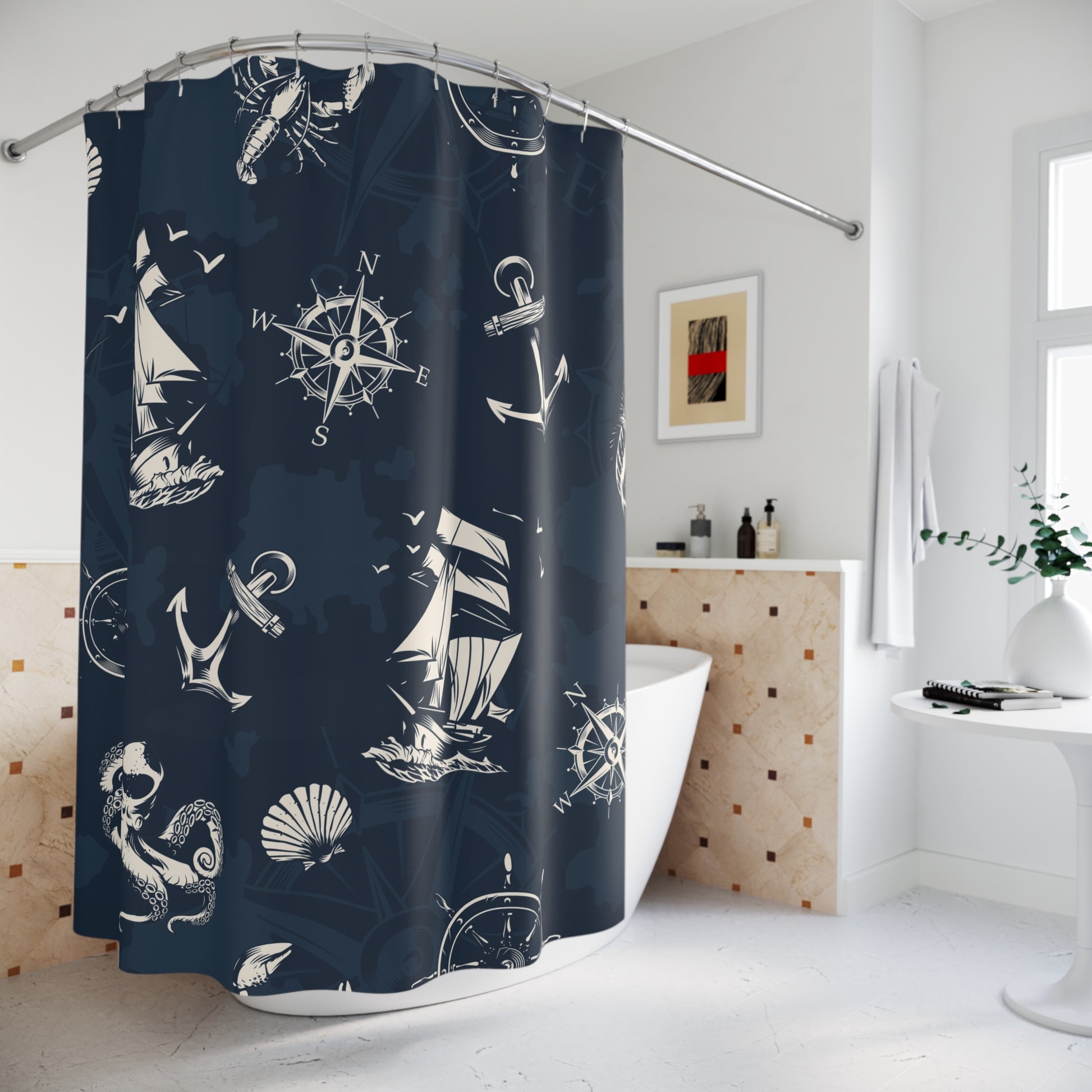 Nautical Adventure Shower Curtain - Maritime Design with Ships & Compass
