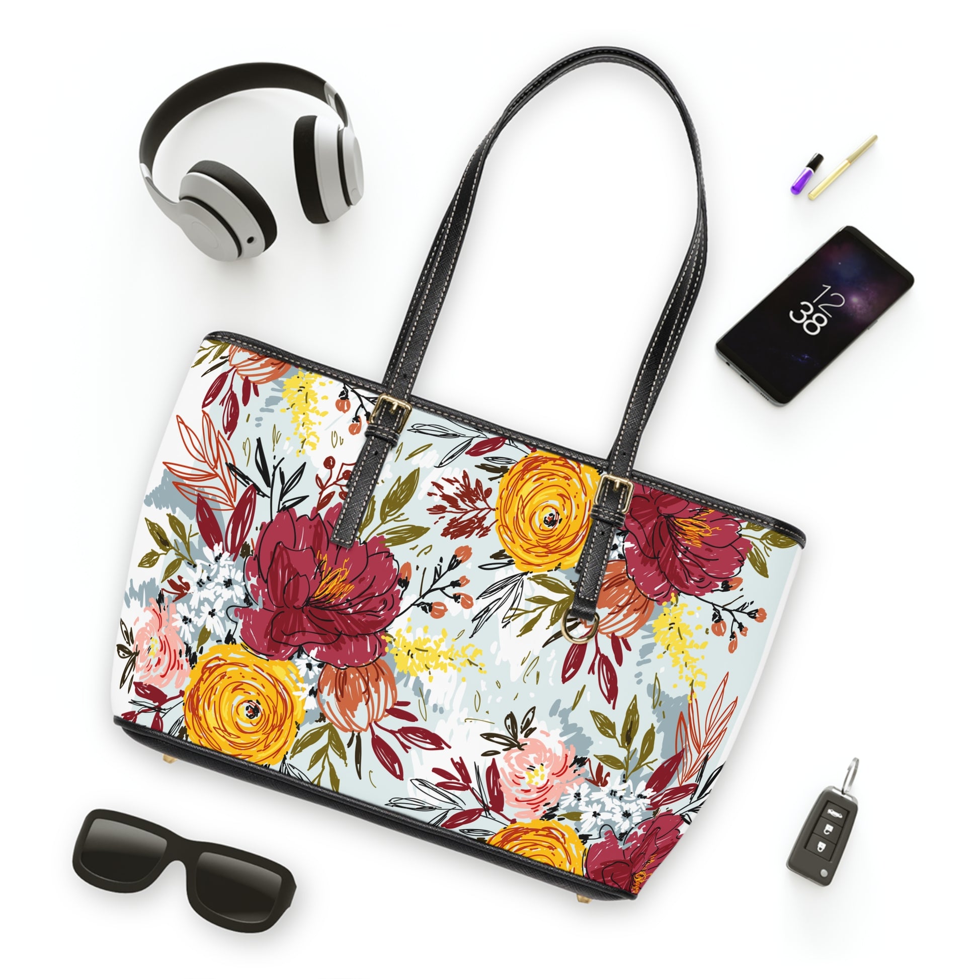 Spring Floral Weekender Tote Bag Perfect for Travel & Everyday Use Floral Bag Chic for Every Occasion Floral Elegant Flower Weekend Bag, Women's Gift, Travel Bag, Floral Print Accessory Floral PU Leather Shoulder Bag Stylish Tote for Every Occasion