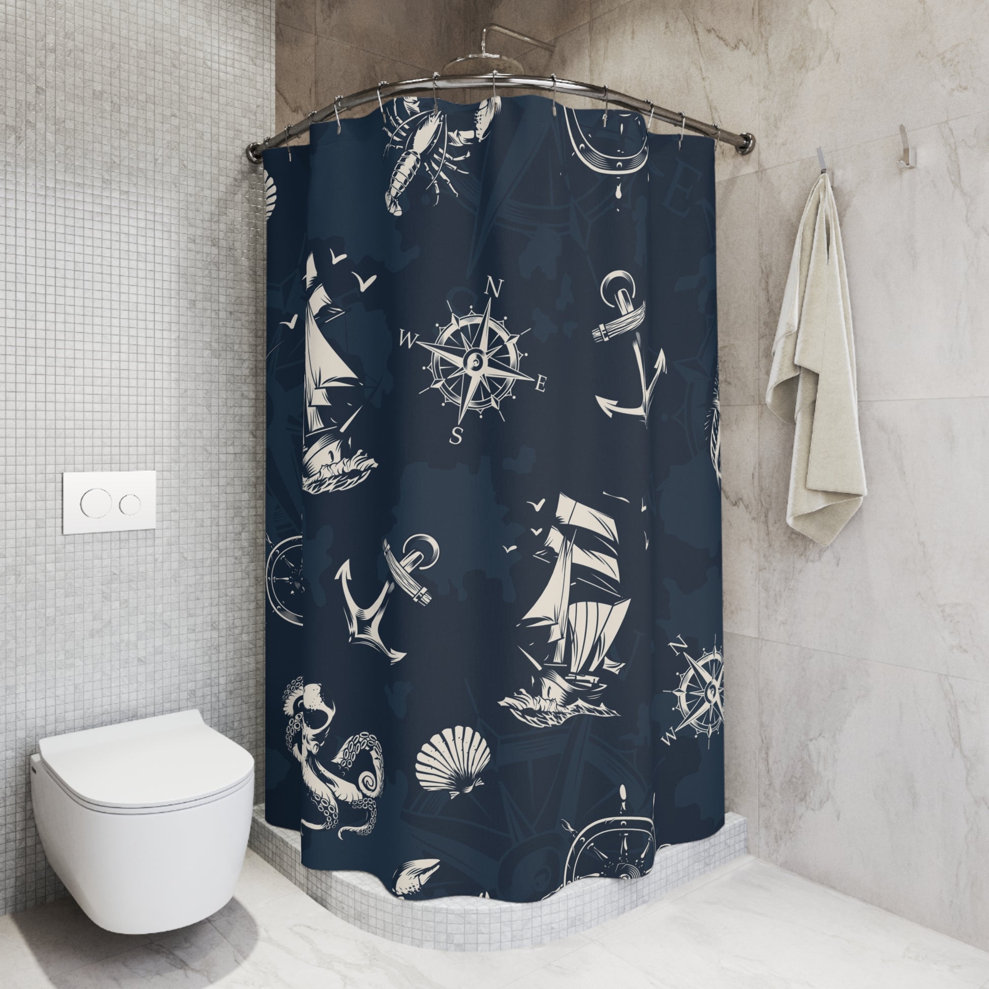 Nautical Adventure Shower Curtain - Maritime Design with Ships & Compass