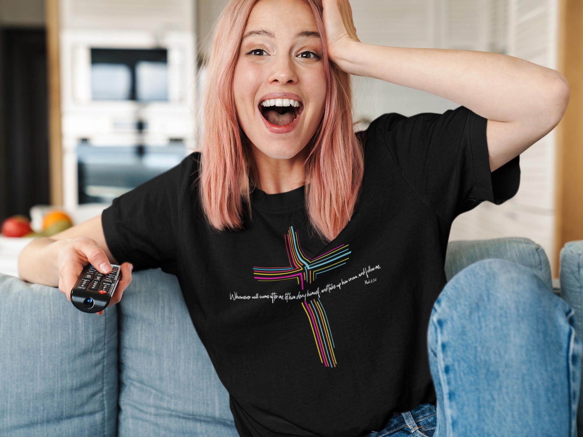 Inspirational Scripture Mark 8:34 Cross Unisex Softstyle T-Shirt Faith and Hope Design Faith Tee Gift For Her Him