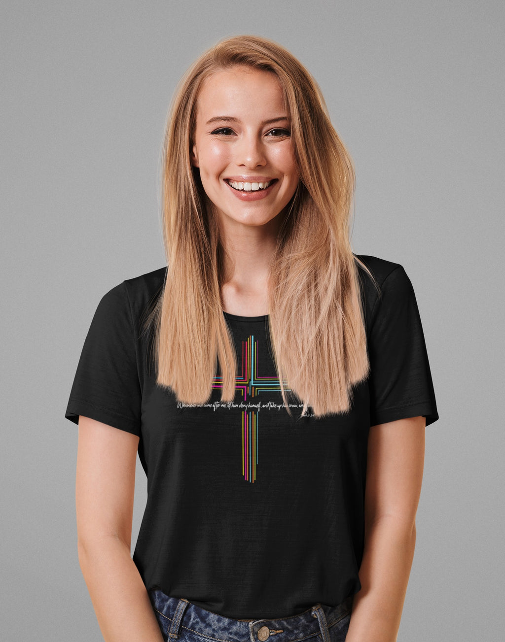 Inspirational Scripture Mark 8:34 Cross Unisex Softstyle T-Shirt Faith and Hope Design Faith Tee Gift For Her Him