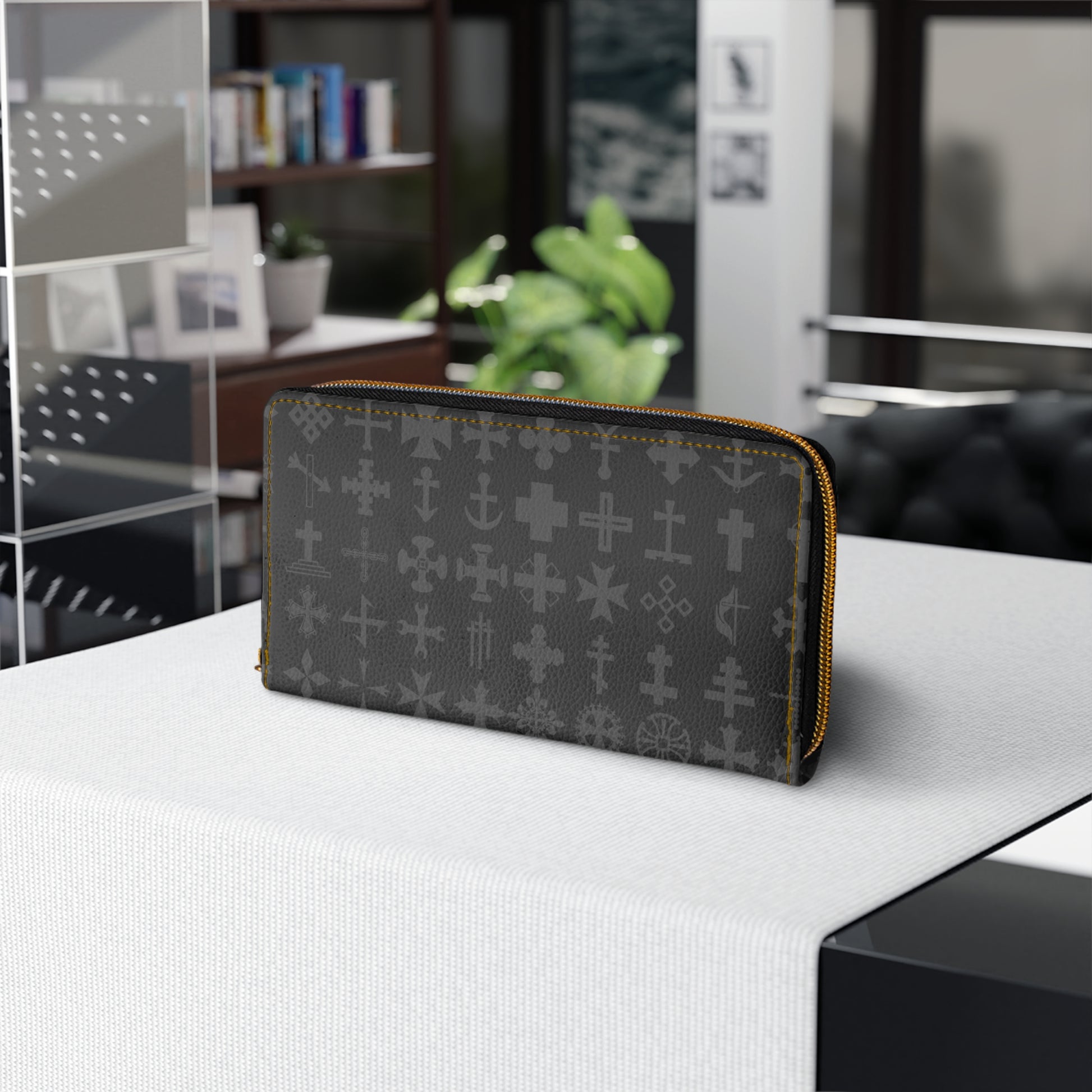 Sleek Black Cross Geometric Zipper Wallet, Stylish Women's Wallet, Everyday Use Purse, Modern Accessory for Travel, Gift for Her