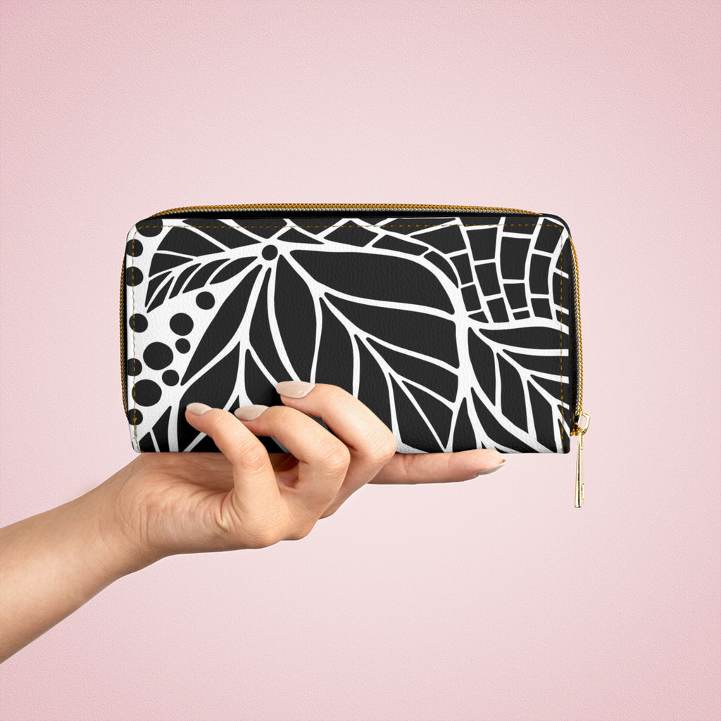 Chic Black & White Leaf Zipper Wallet, Stylish Clutch, Everyday Organizer, Gift for Her, Floral Fashion Accessory
