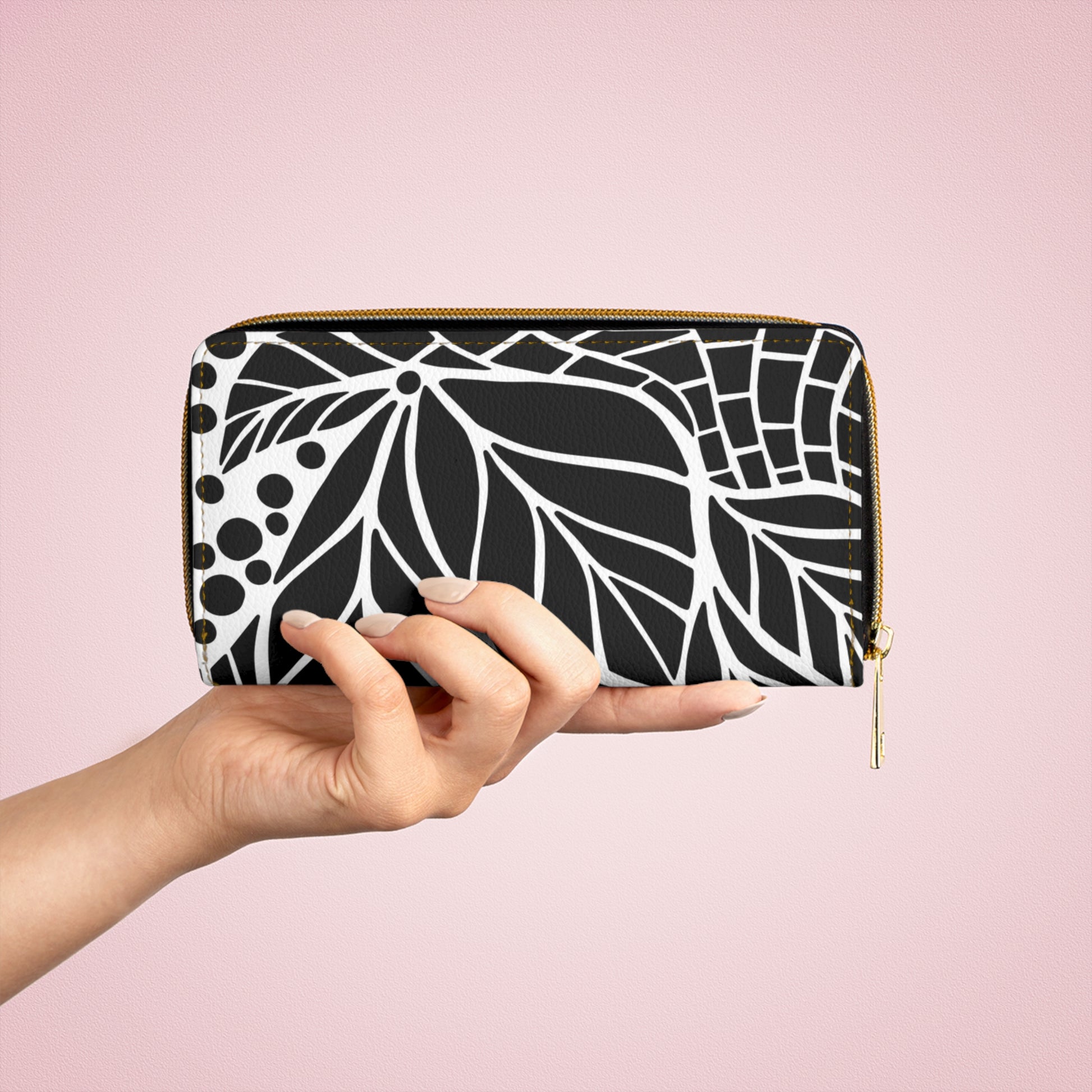 Chic Black & White Leaf Zipper Wallet, Stylish Clutch, Everyday Organizer, Gift for Her, Floral Fashion Accessory