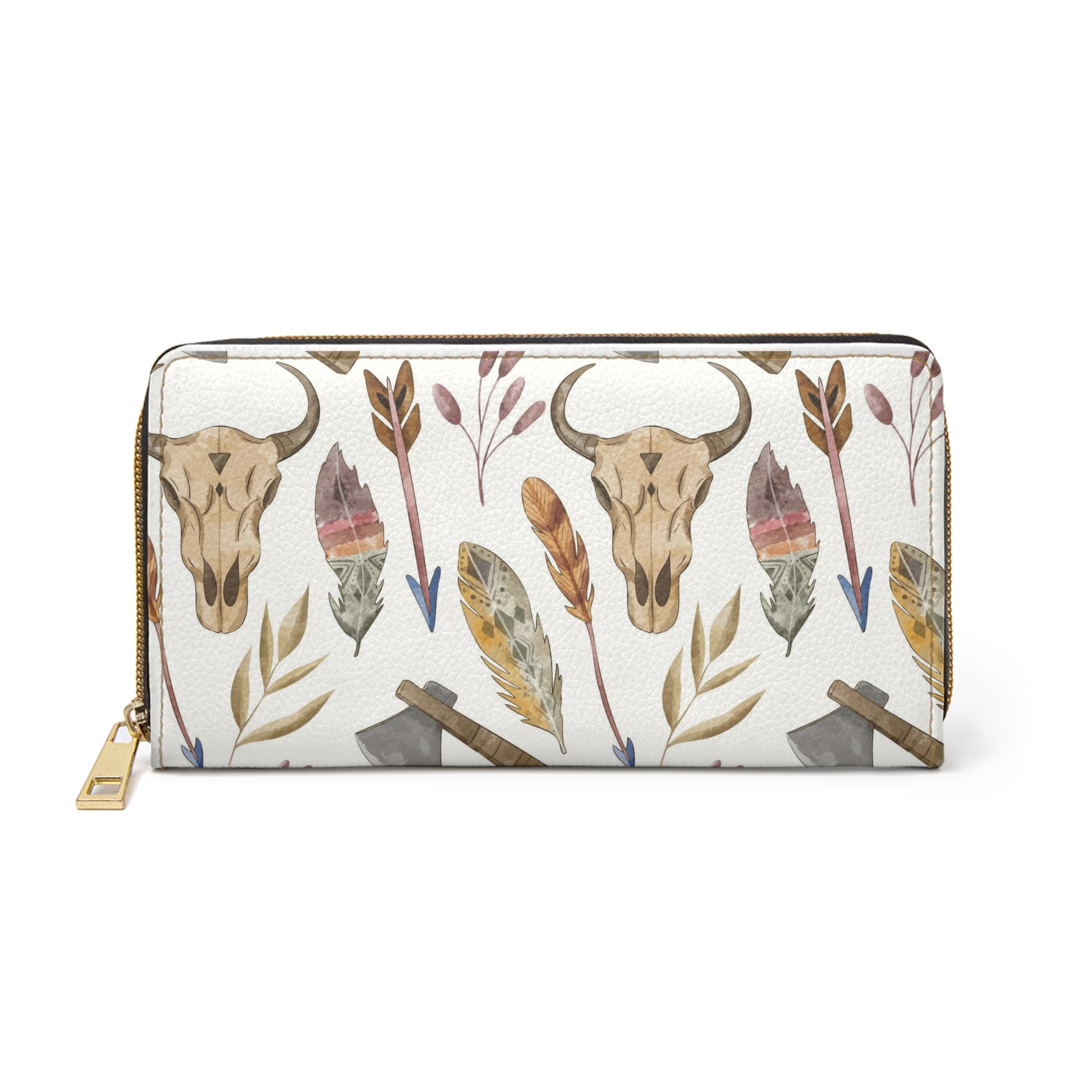 Country Western Zipper Wallet, Cow Skull Print Purse, Rustic Leather Clutch, Gift for Her, Travel Organizer, Festival Accessory