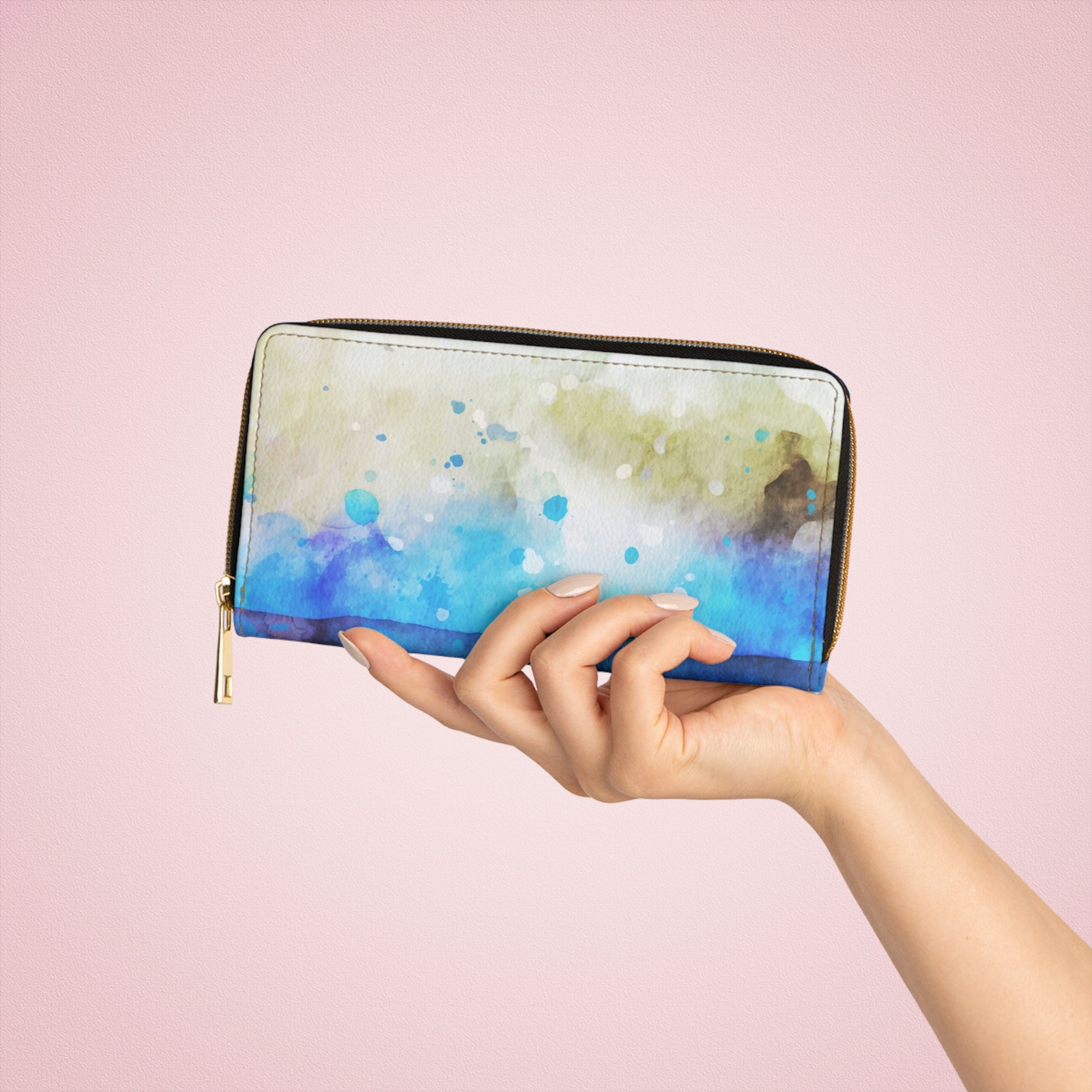 Blue Colorful Watercolor Print Zipper Wallet, Eco-Friendly Wallet, Gift for Her, Travel Accessory, Colorful Coin Purse, Stylish Clutch