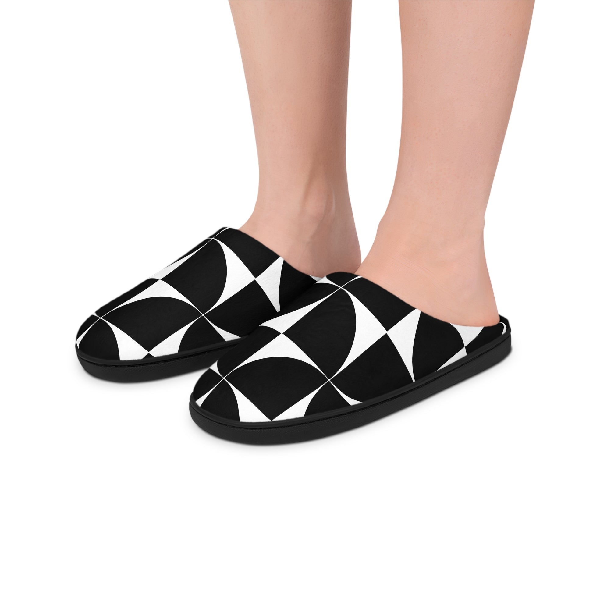 Chic Black and White Women's Indoor Slippers - Cozy House Footwear print slippers, cozy indoor footwear, women's home shoes, stylish house slippers, soft plush slippers, fashionable loungewear, warm winter footwear