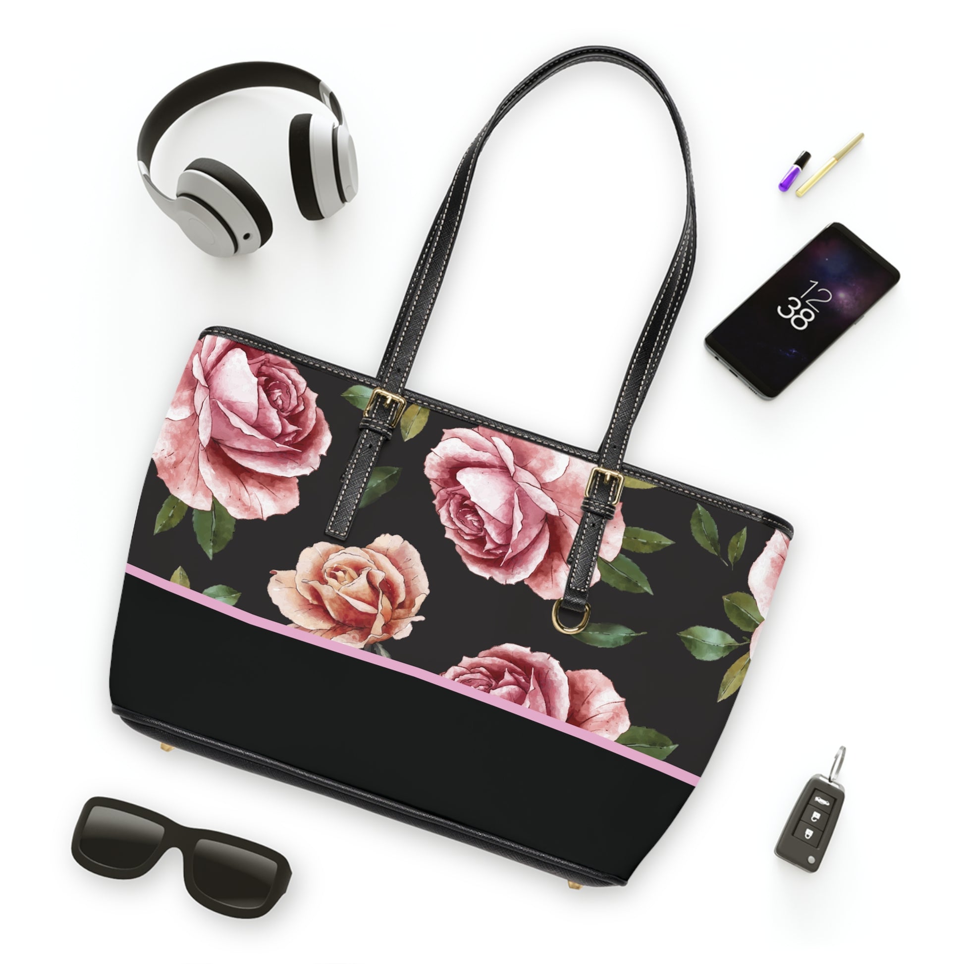 Luxury Rose Print PU Leather Tote Bag, Stylish Handbag, Chic Accessory, Everyday Use, Great for Gifts, Summer Outings, Fashionable
