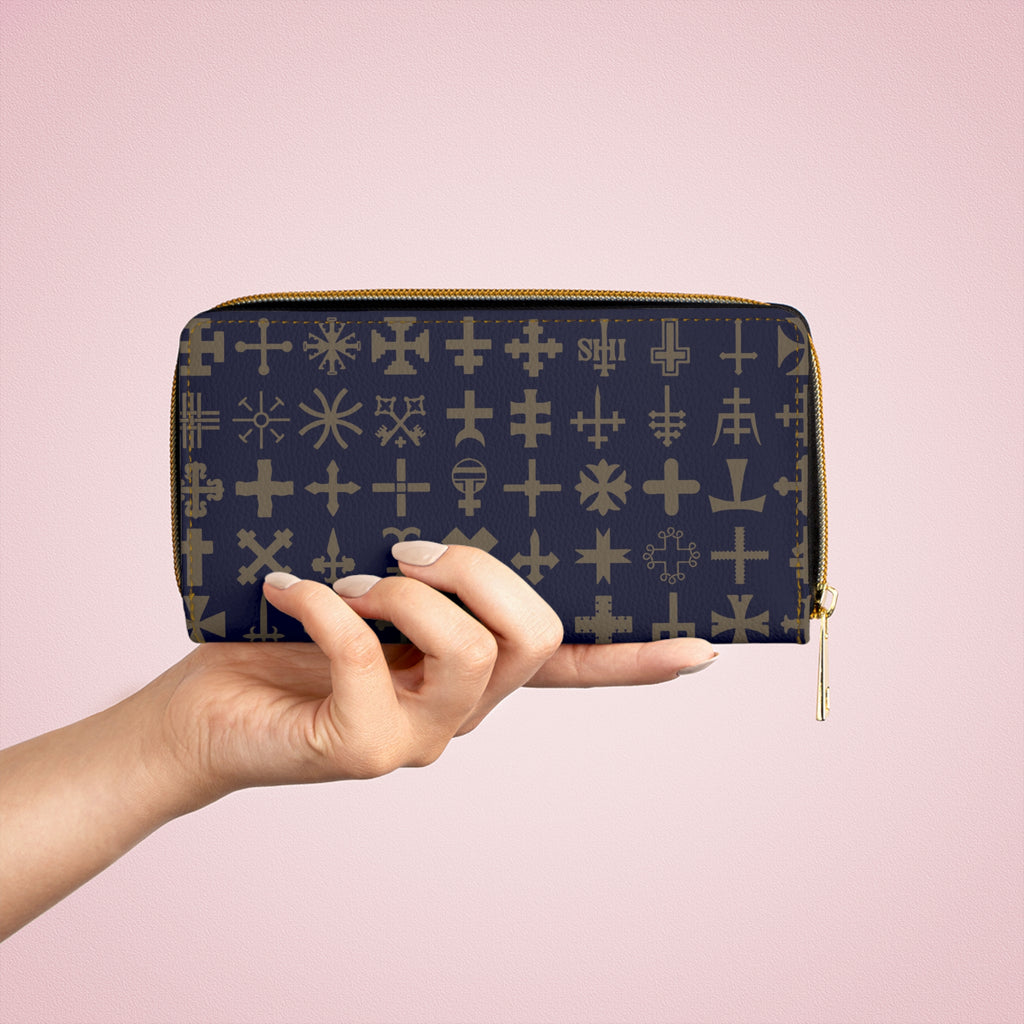 Stylish Navy Blue Cross Zipper Wallet | Elegant Cross Pattern Organizer, Travel Accessory, Gift for Her Fashionable Purse Holiday Essential