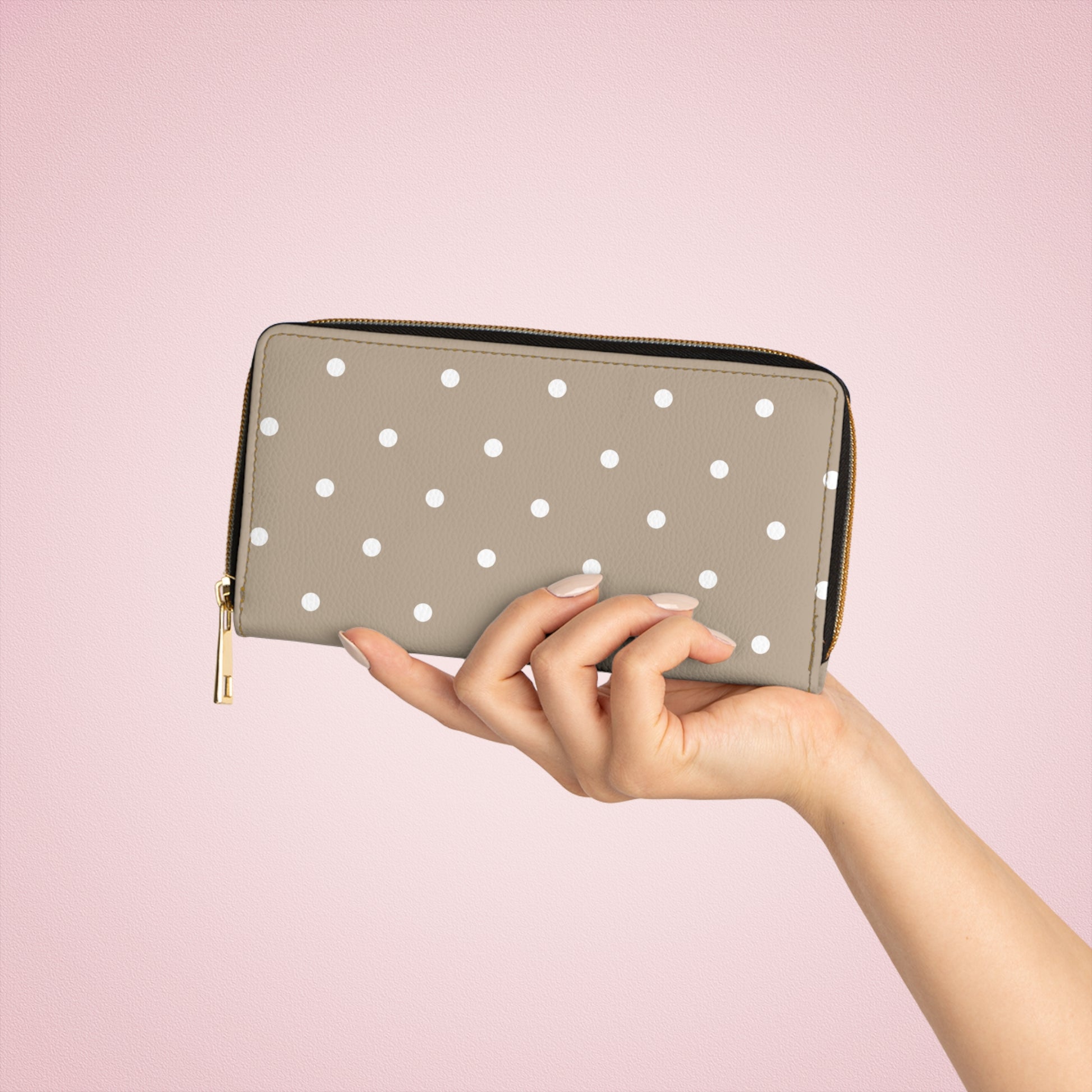 Stylish Tan  Polka Dot Mod Zipper Wallet for Everyday Use, Gift for Her, Minimalist Purse, Travel Essential, Unique Design, Fashion Accessory