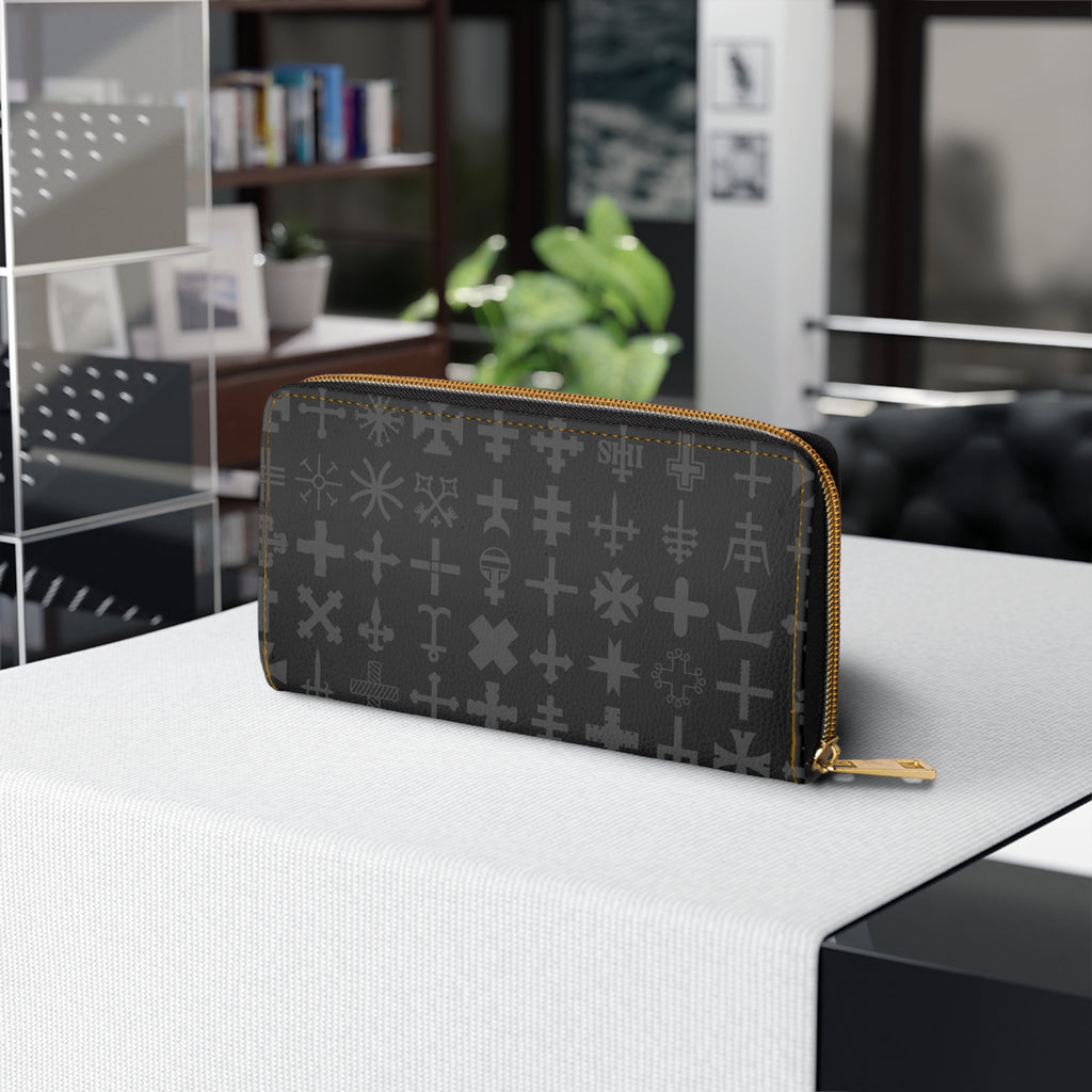 Sleek Black Cross Geometric Zipper Wallet, Stylish Women's Wallet, Everyday Use Purse, Modern Accessory for Travel, Gift for Her