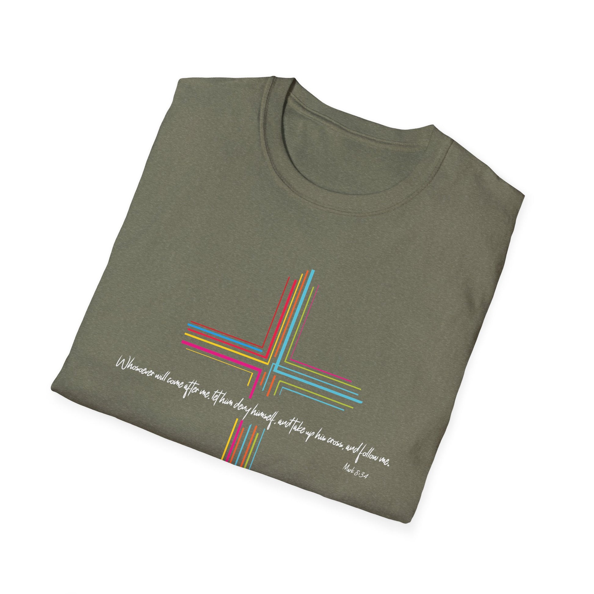 Inspirational Scripture Mark 8:34 Cross Unisex Softstyle T-Shirt Faith and Hope Design Faith Tee Gift For Her Him