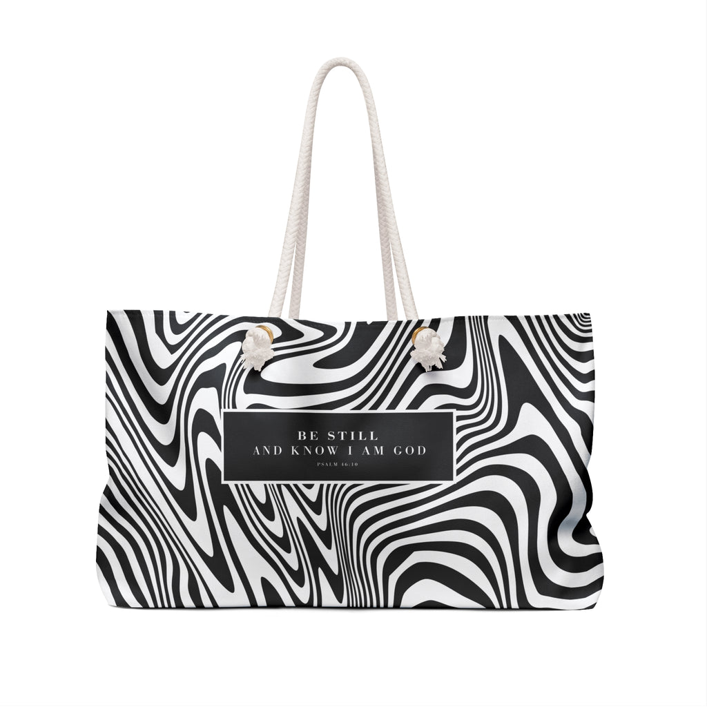 Bold Black and White Zebra Print Scripture Weekender Bag, Stylish Weekender Tote Bag, Modern Graphic Design Weekender Tote, Beach Bag, Purse