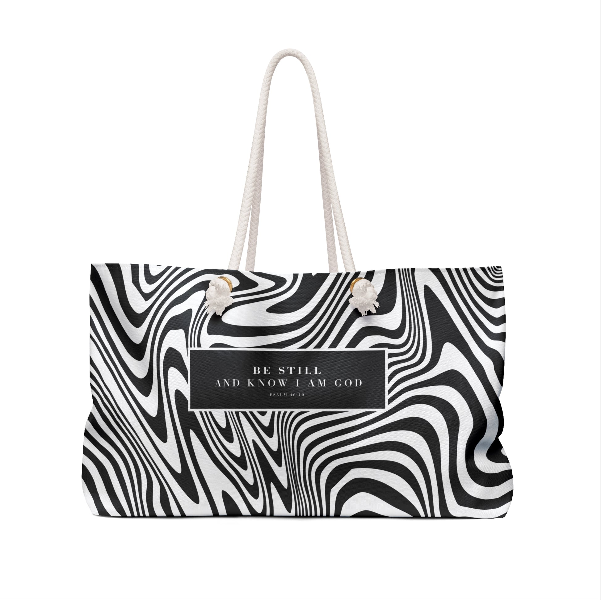 Bold Black and White Zebra Print Scripture Weekender Bag, Stylish Weekender Tote Bag, Modern Graphic Design Weekender Tote, Beach Bag, Purse