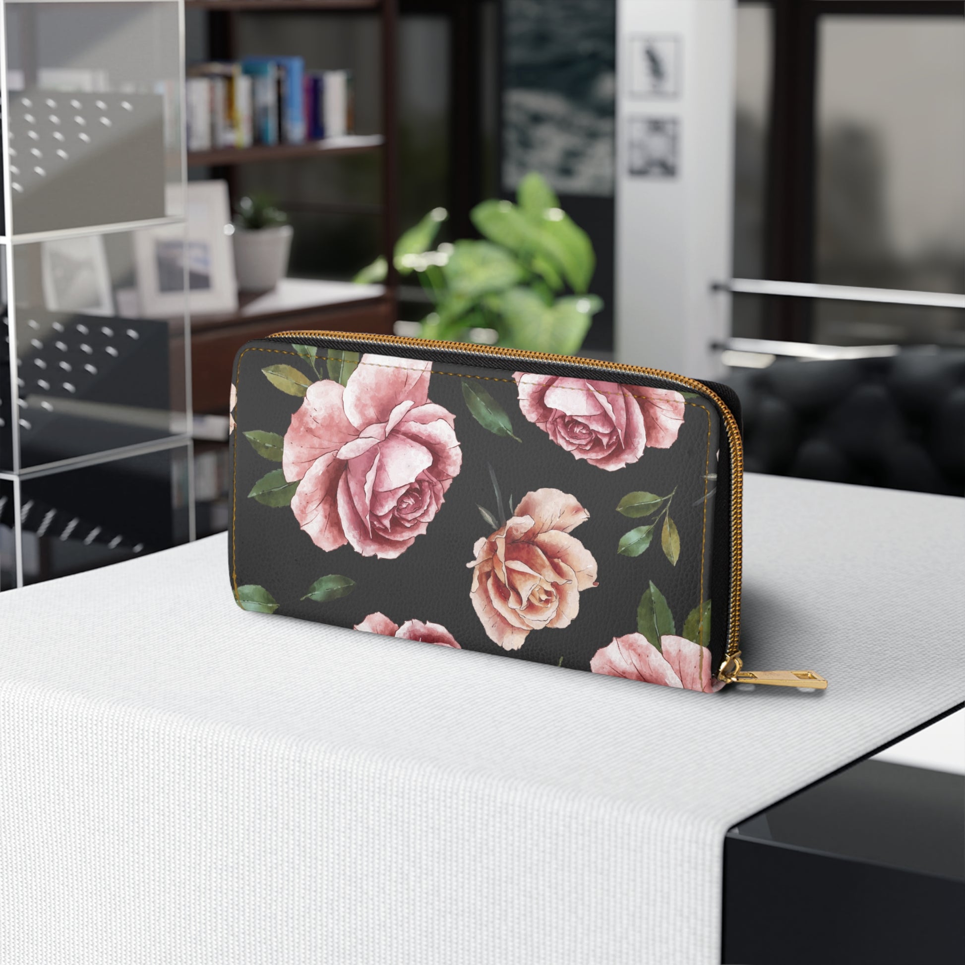 Black Rose Floral Zipper Wallet - Elegant Rose Design, Perfect for Women, Gift for Her, Stylish Accessory, Everyday Use Travel Wallet